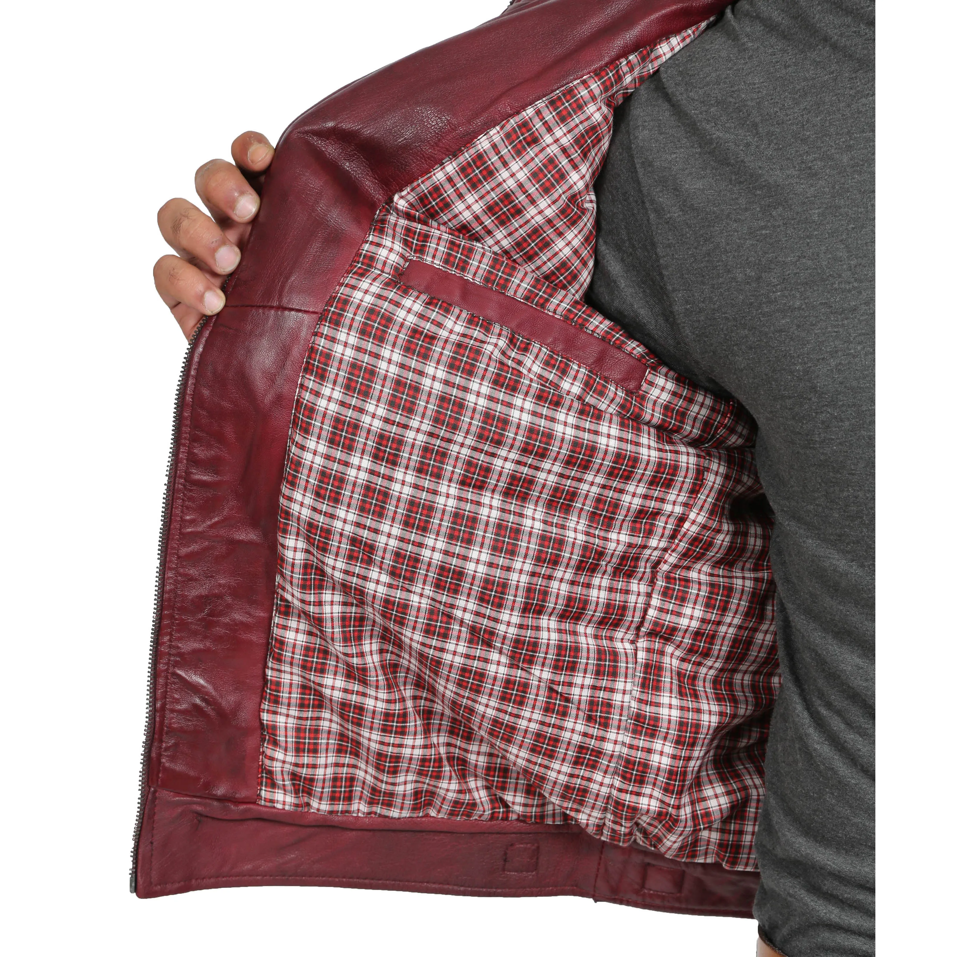 Mens Fitted Biker Leather Jacket Django Burgundy