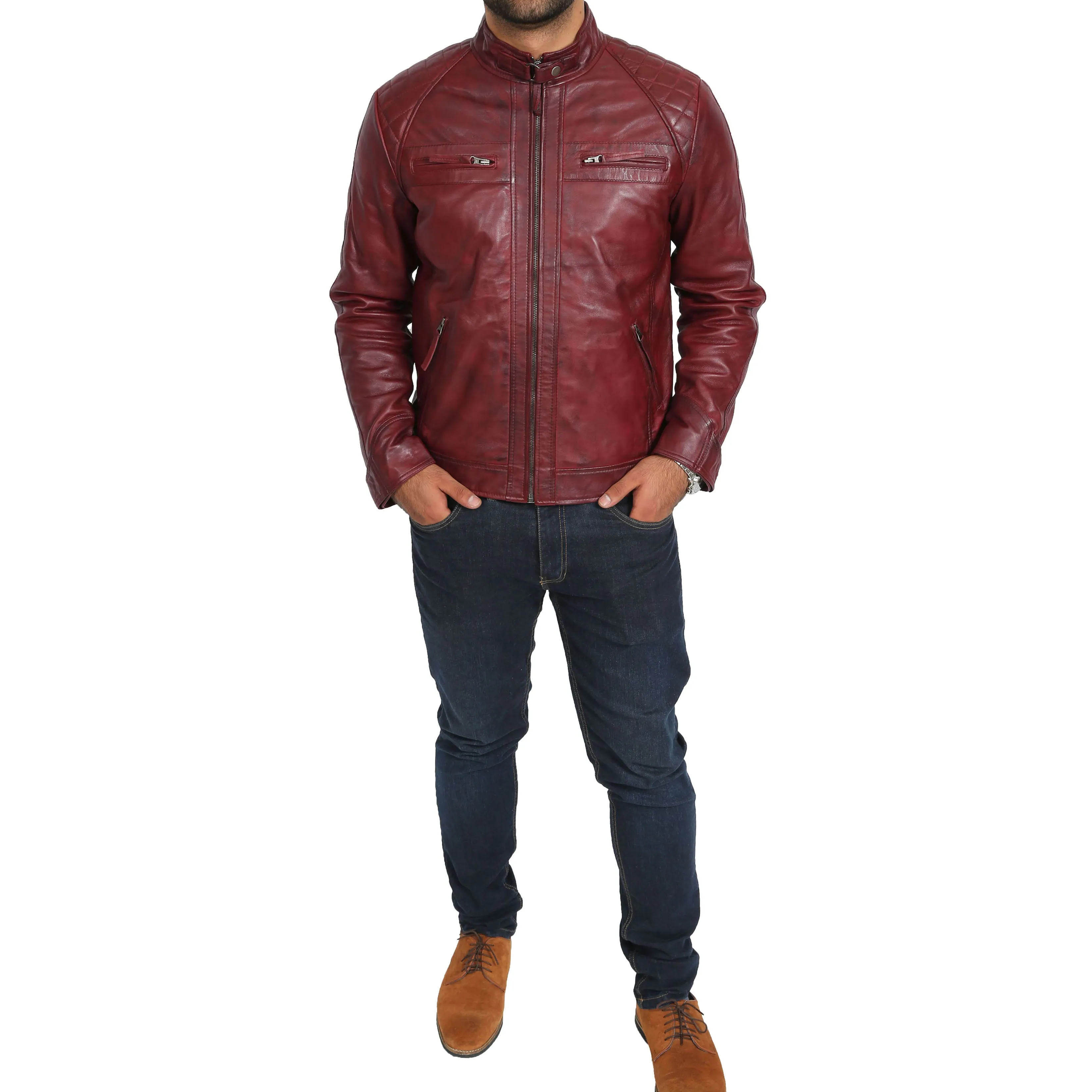 Mens Fitted Biker Leather Jacket Django Burgundy