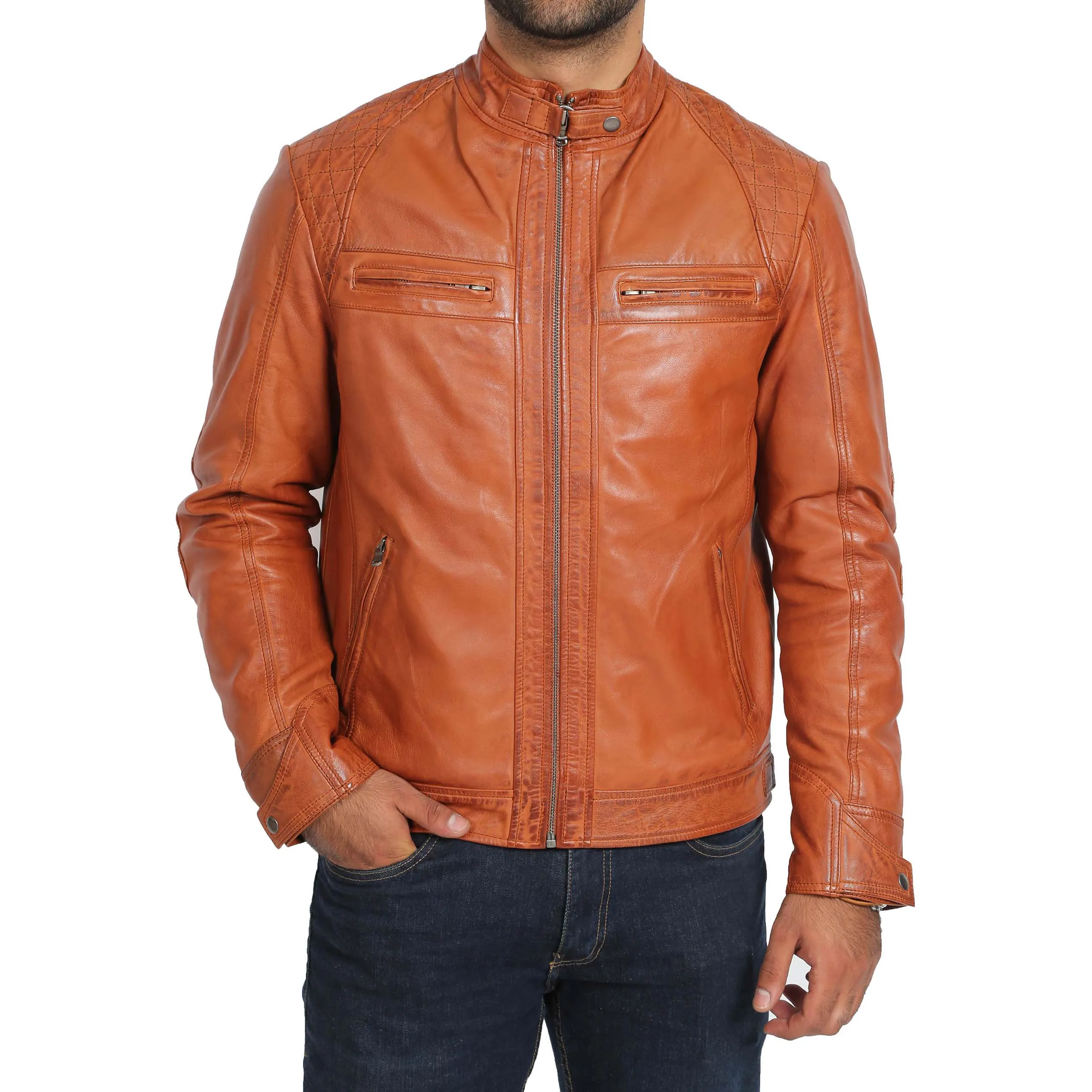 Mens Fitted Biker Leather Jacket Django Cognac