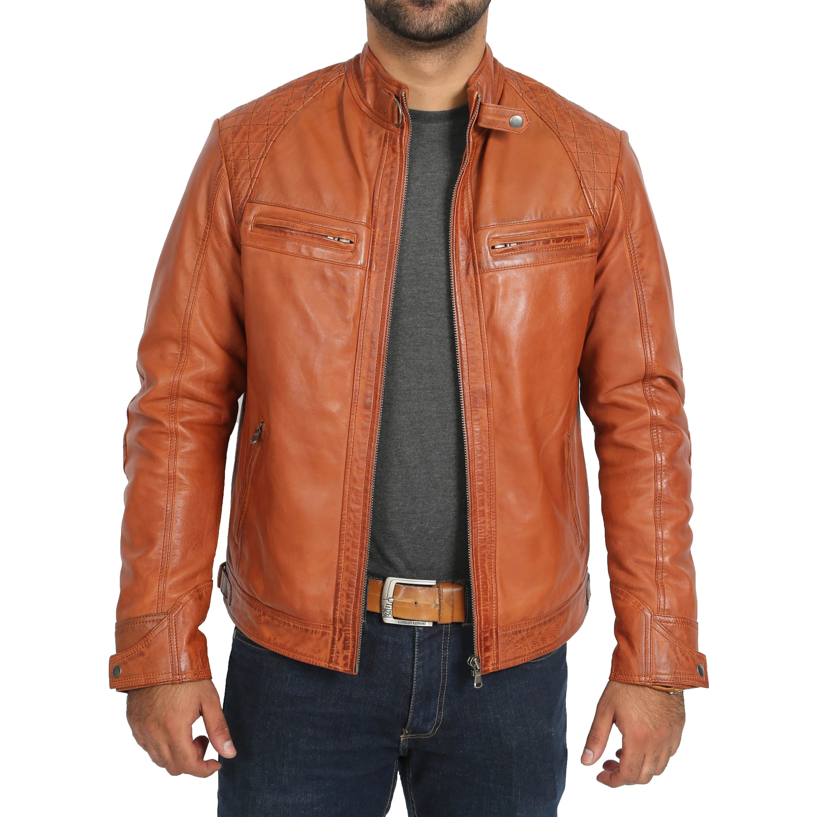 Mens Fitted Biker Leather Jacket Django Cognac