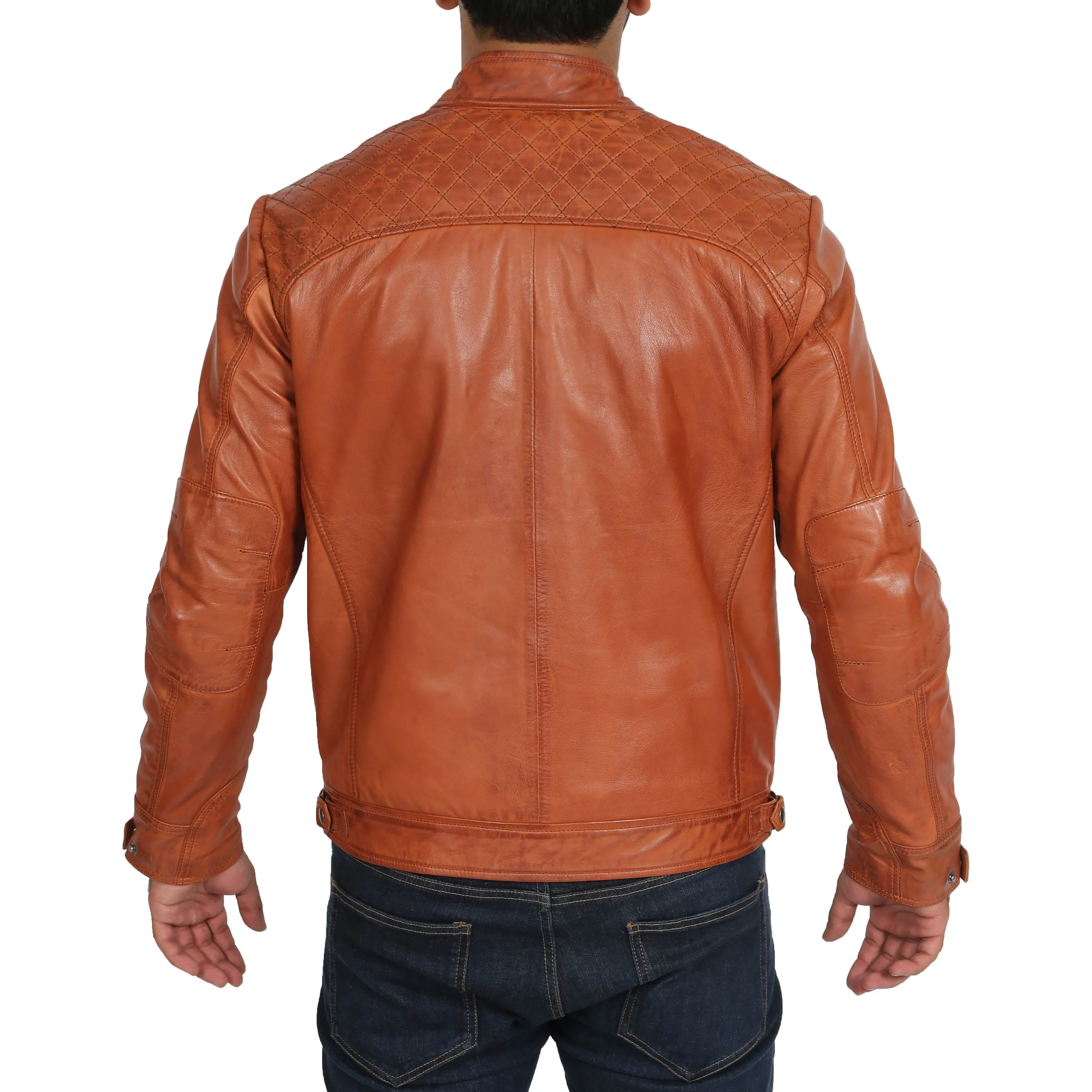 Mens Fitted Biker Leather Jacket Django Cognac