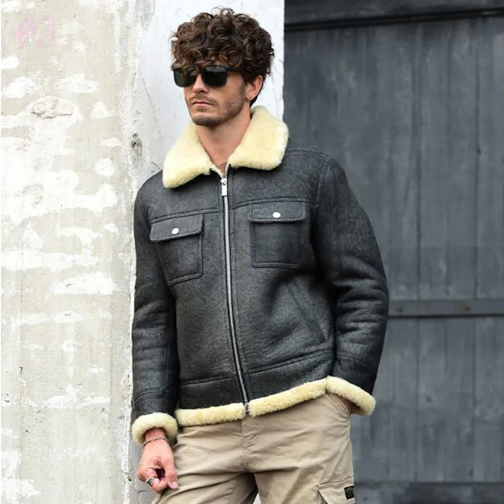 Men's Grey Shearling Flight Jacket Sheepskin Coat