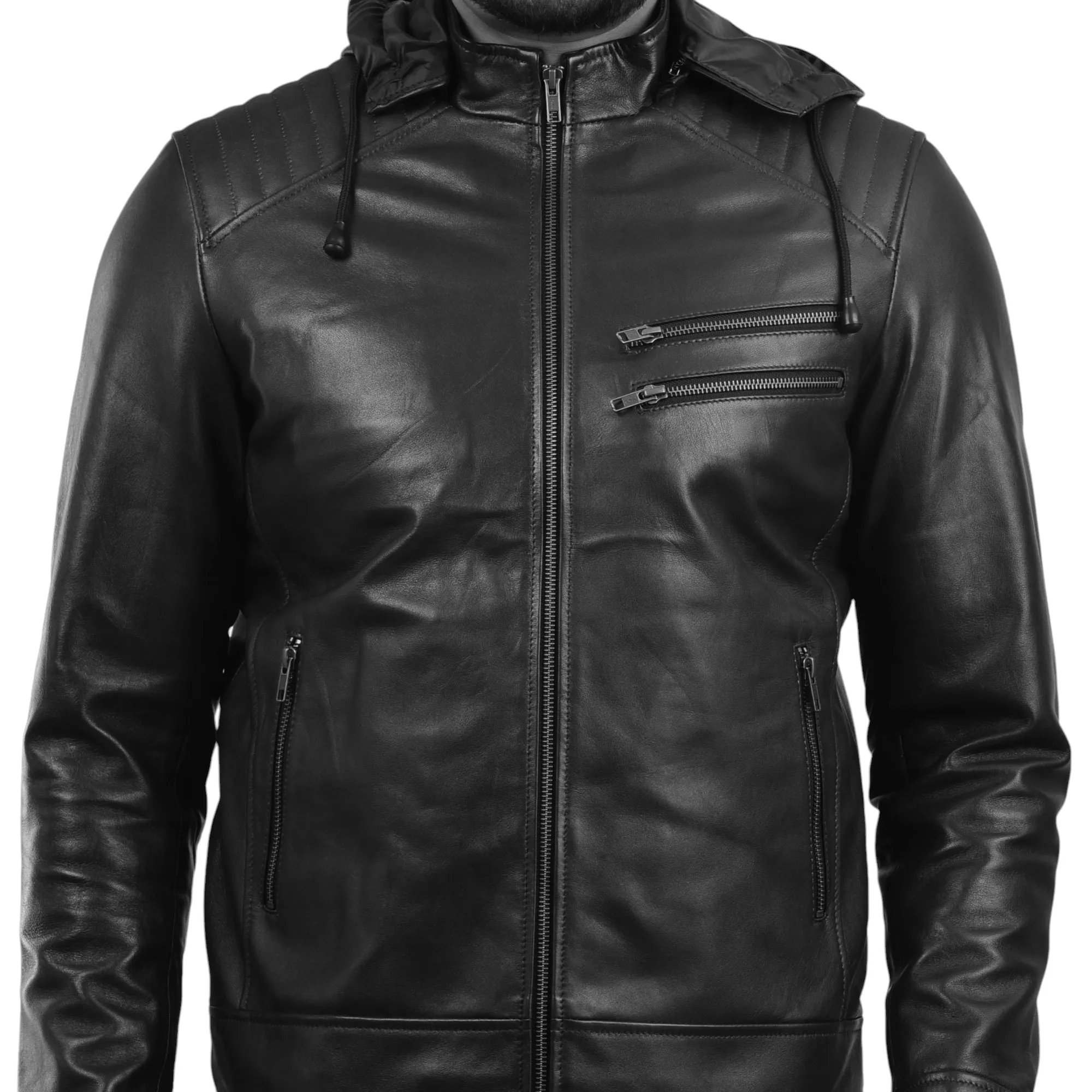 MENS LEATHER HOODED JACKET 410145(BLACK)