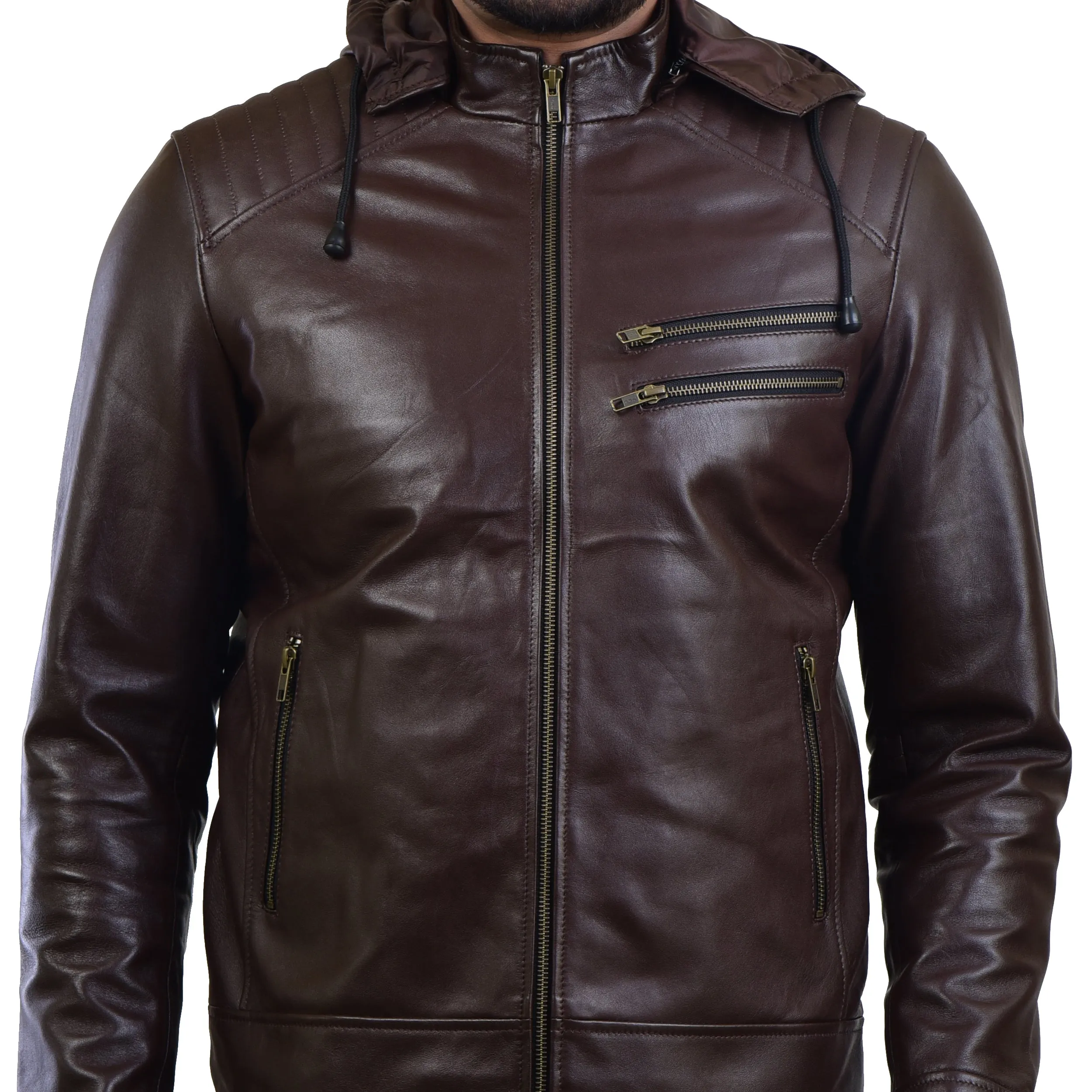 MENS LEATHER HOODED JACKET 410145(BLACK)