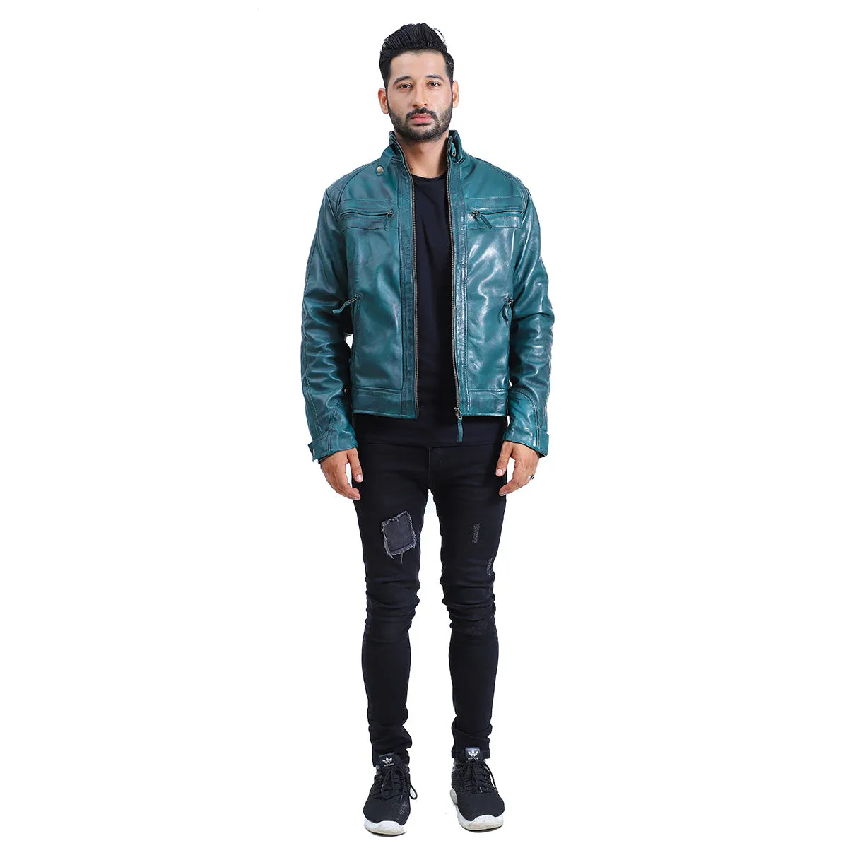 Men's Quilted Green Cafe Racer Leather Jacket