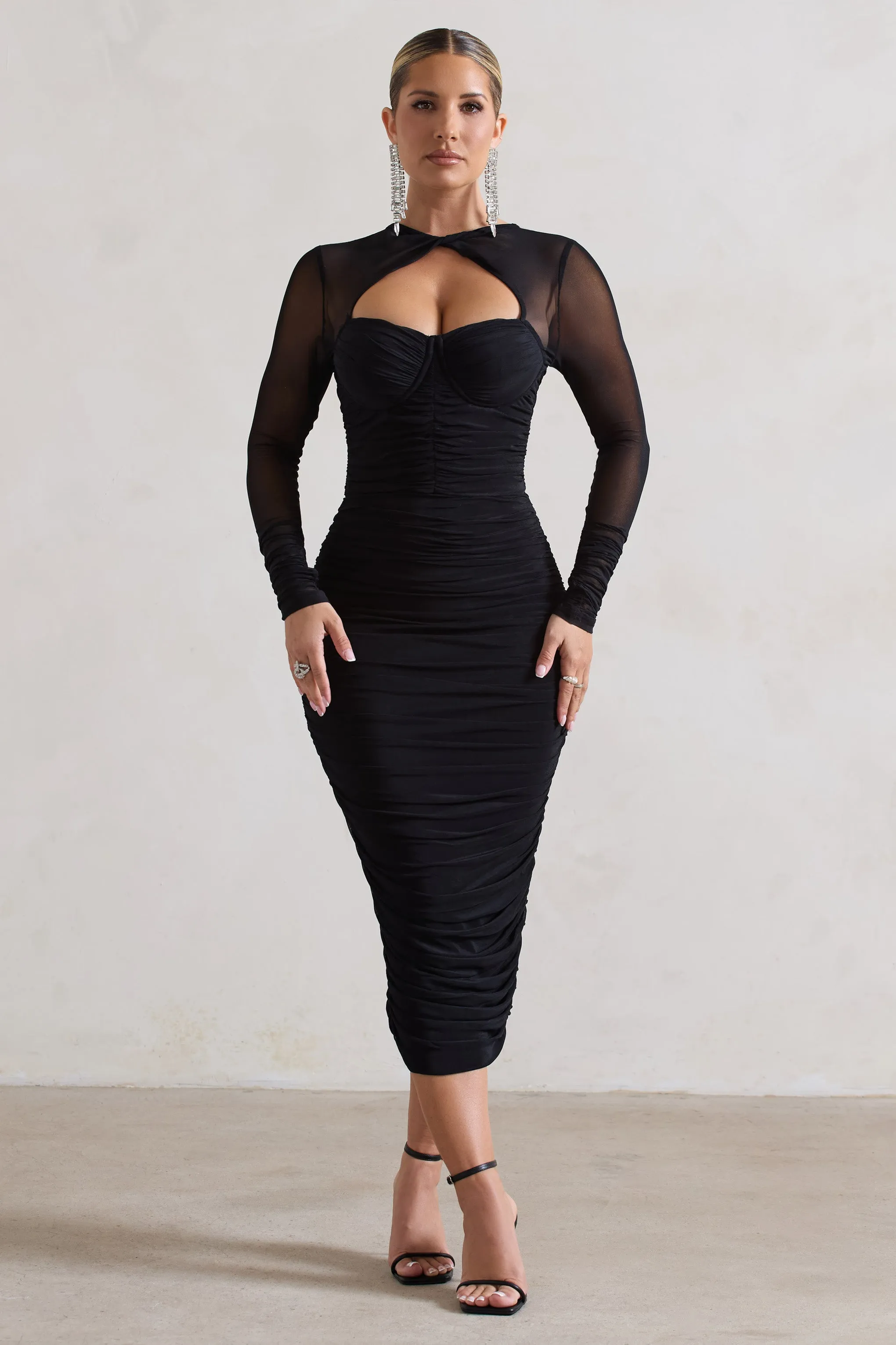 Mojito | Black Ruched Cut-Out Long-Sleeve Midi Dress