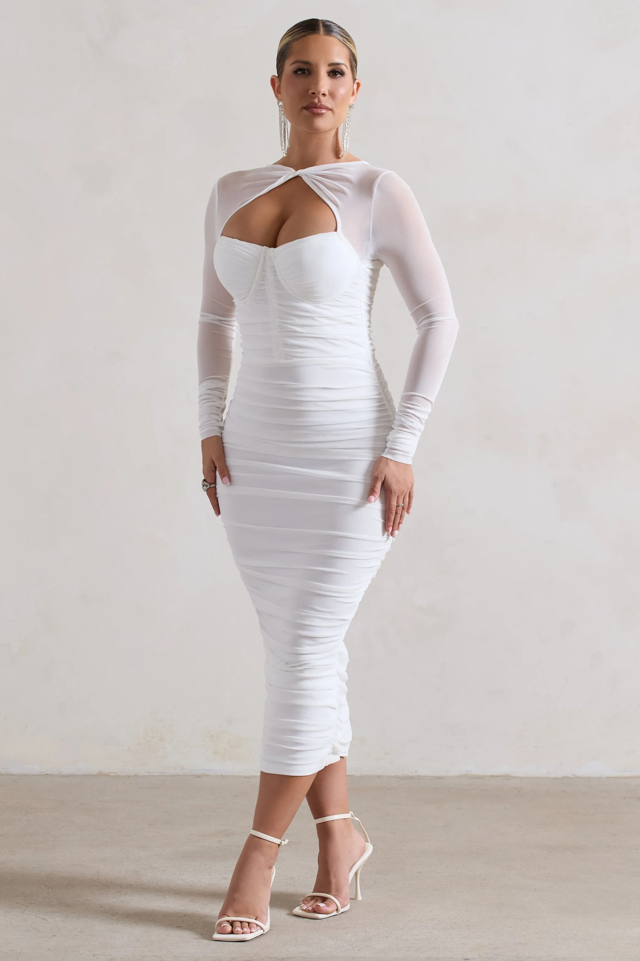 Mojito | White Ruched Cut-Out Long-Sleeve Midi Dress