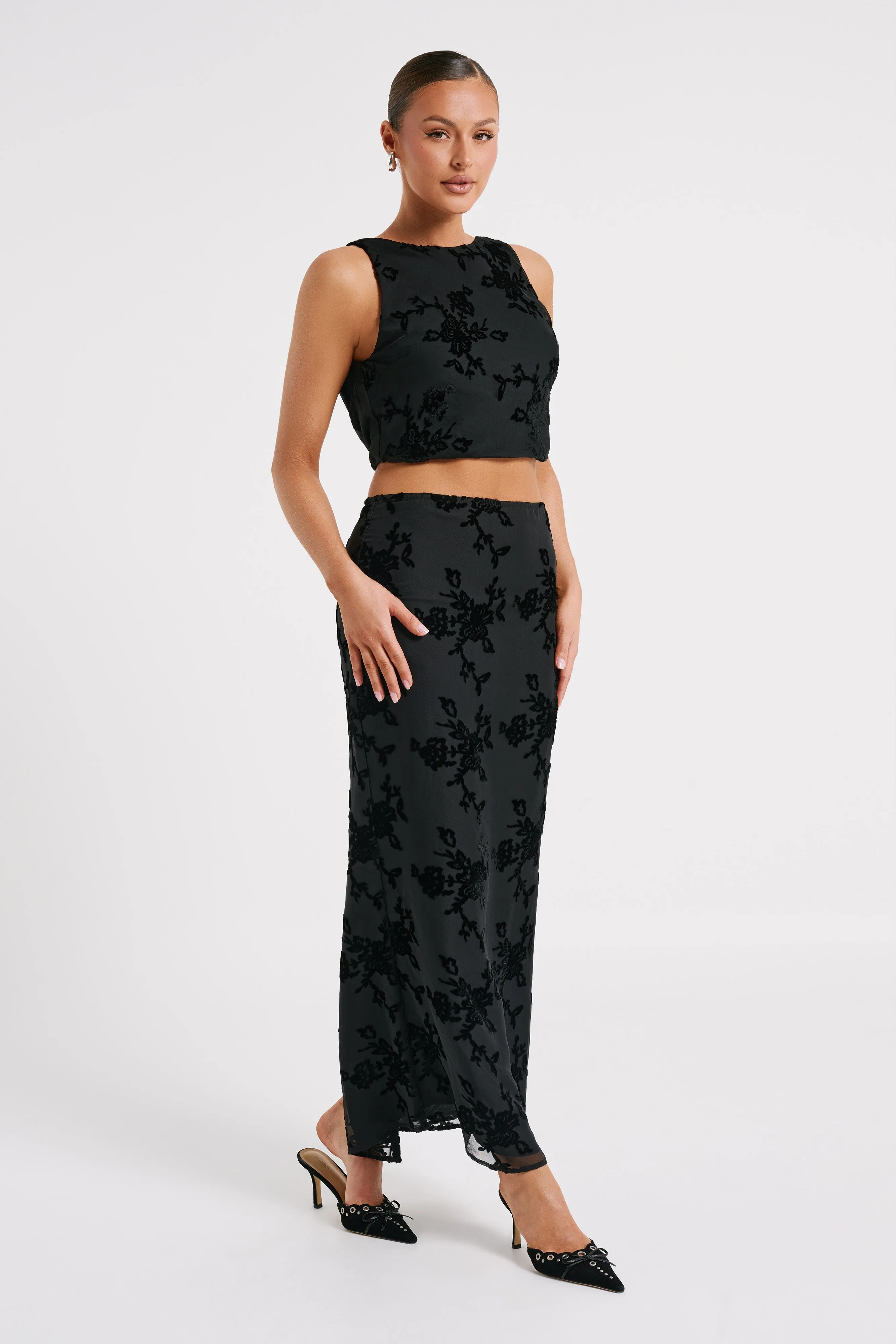 Mona Burnout Velvet Maxi Skirt - Black