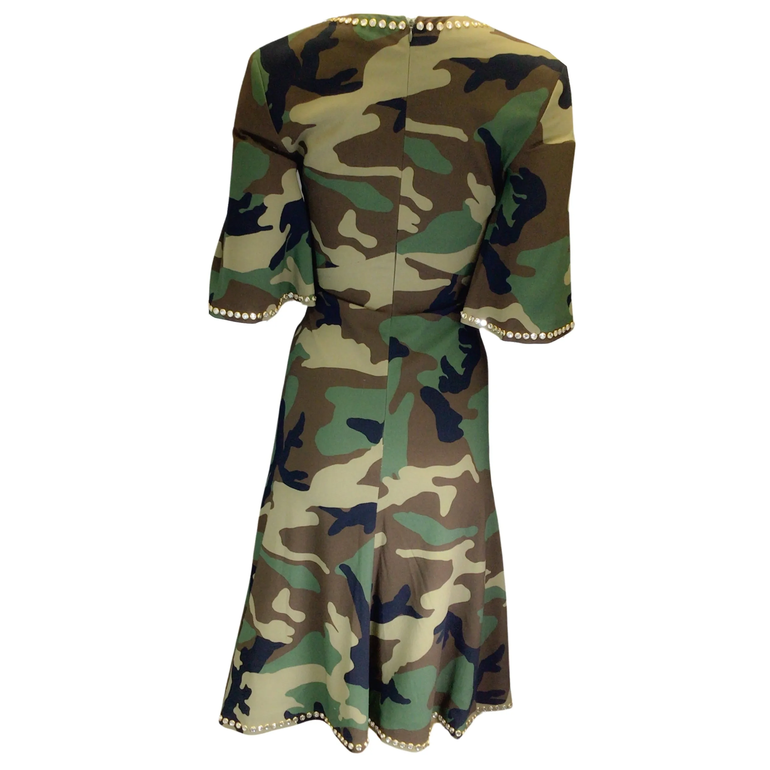 Moschino Couture Green Multi 2019 Crystal Embellished Camo Printed Crepe Dress