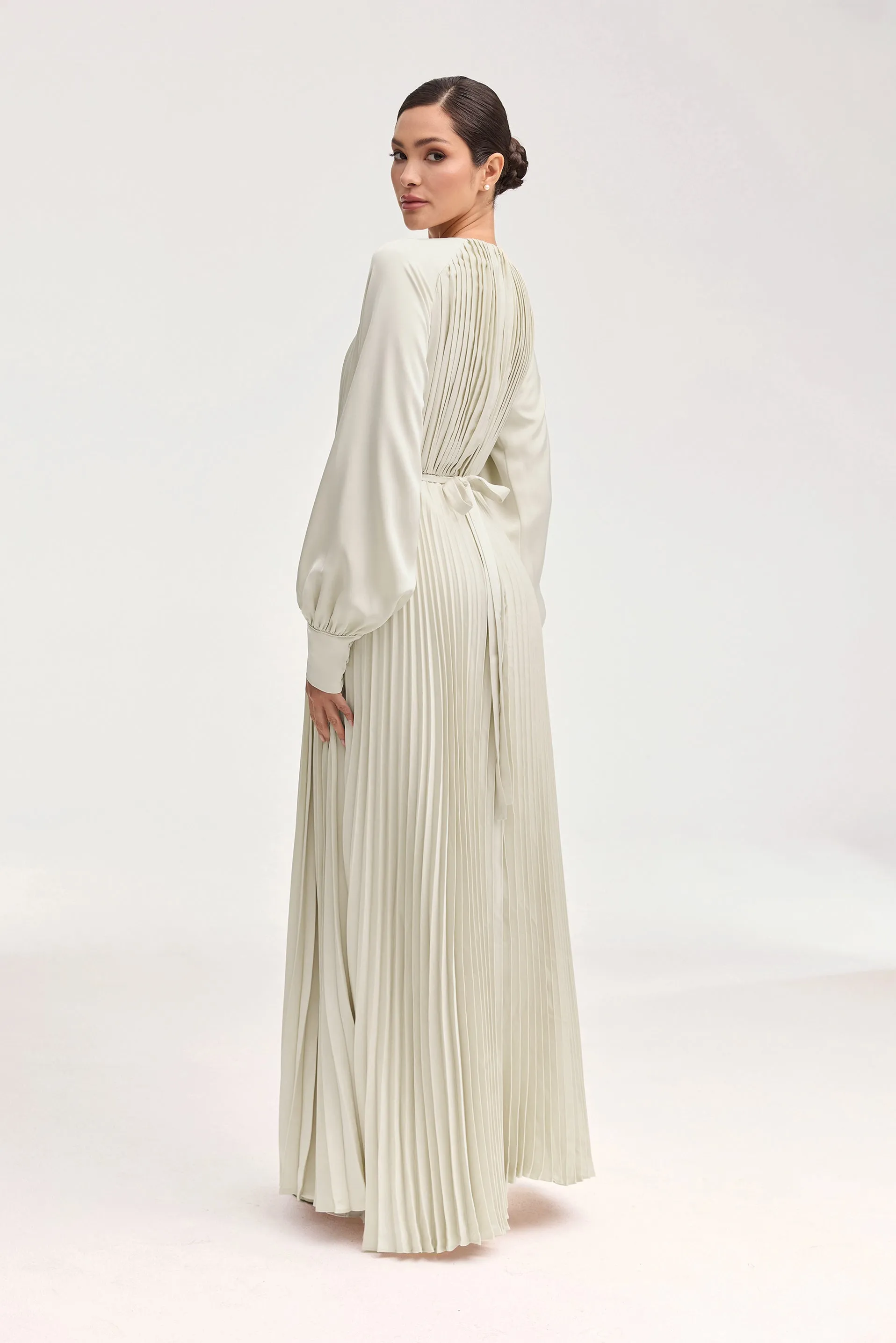 Nadira Satin Pleated Maxi Dress - Pearl