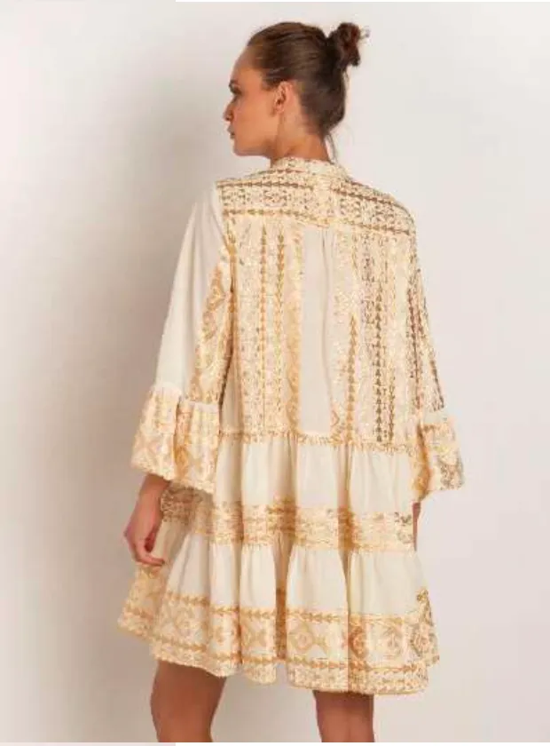 Natural & Gold Linen Dress with 3/4 sleeve