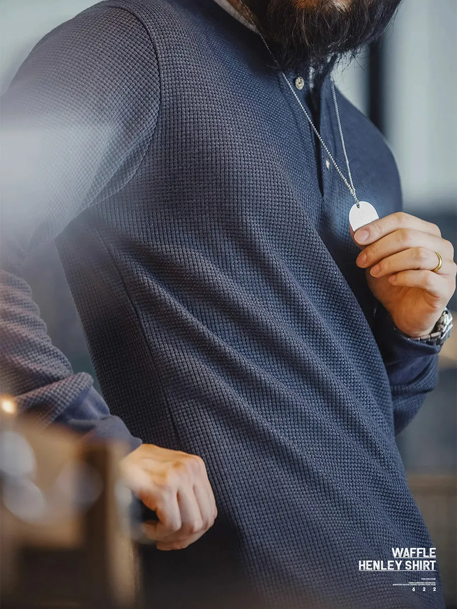 Navy Blue Retro Waffle Long-Sleeve Henley Shirt