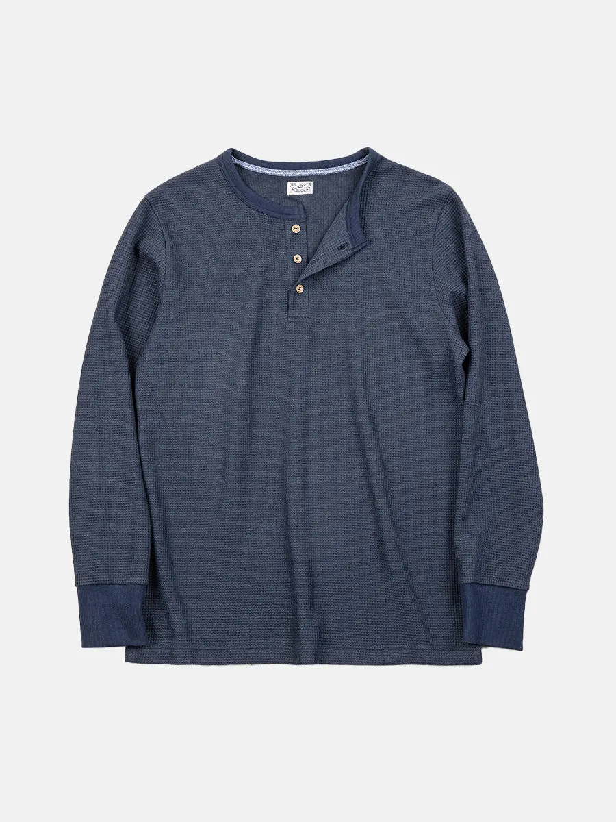 Navy Blue Retro Waffle Long-Sleeve Henley Shirt