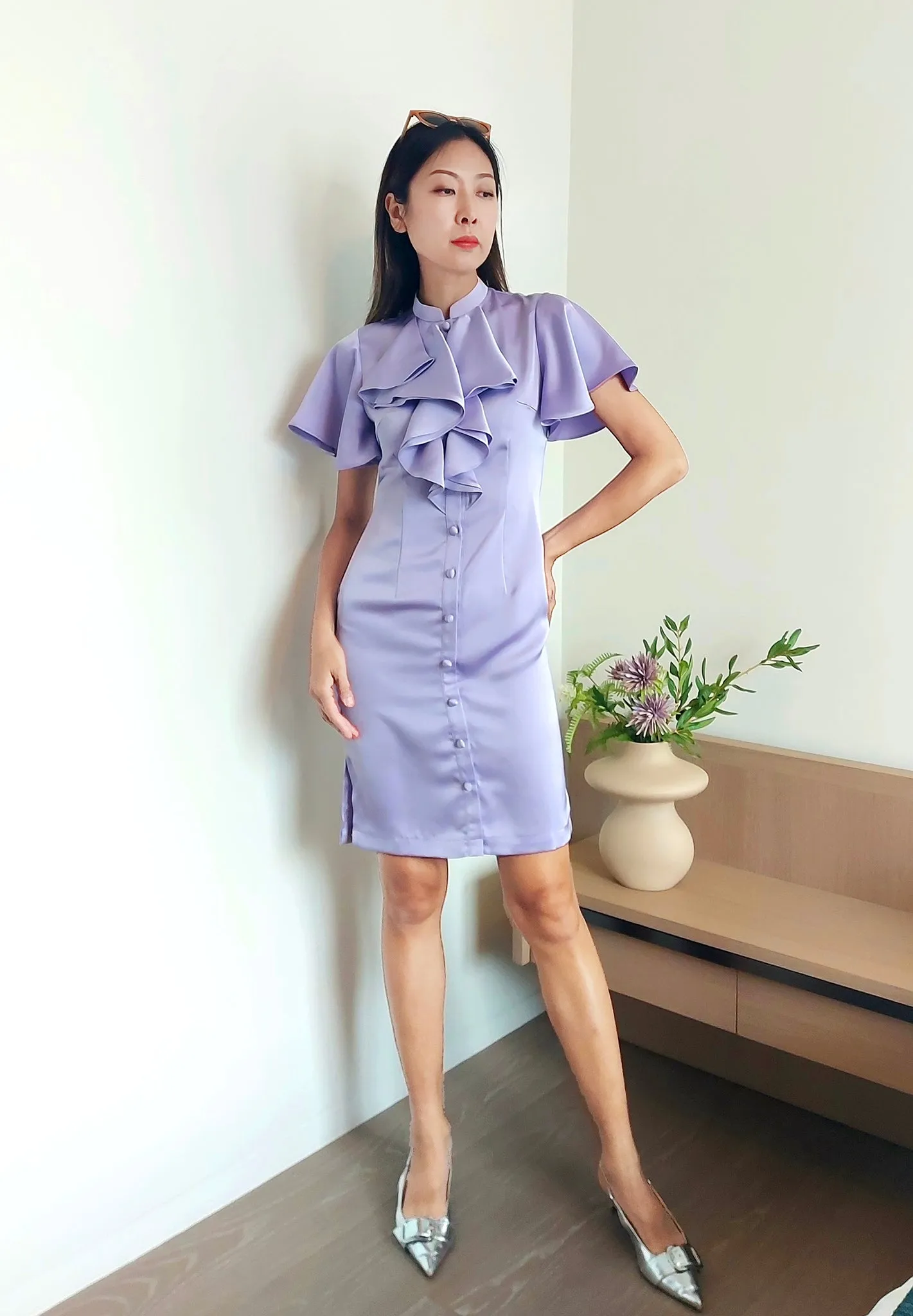 NICOLETTE Satin Ruffle Cheongsam (Purple)