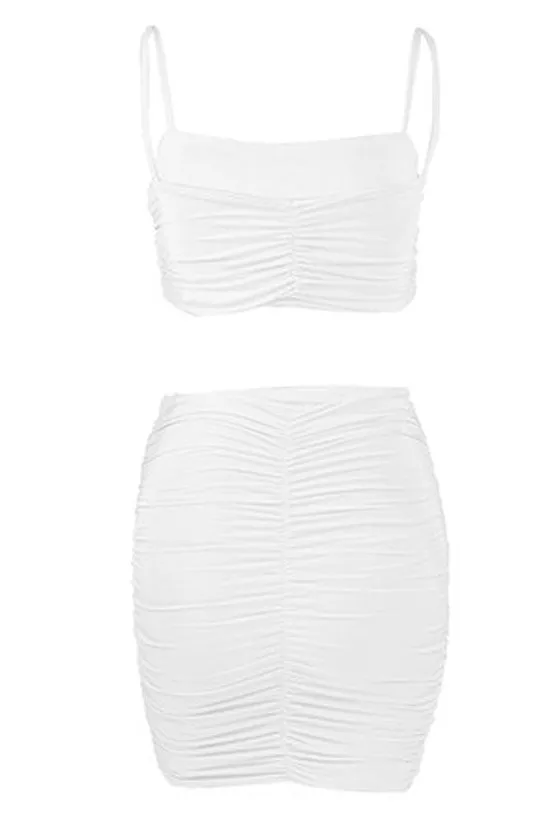 Night Out High Waist Ruched Bodycon Mini Two Piece Dress - White