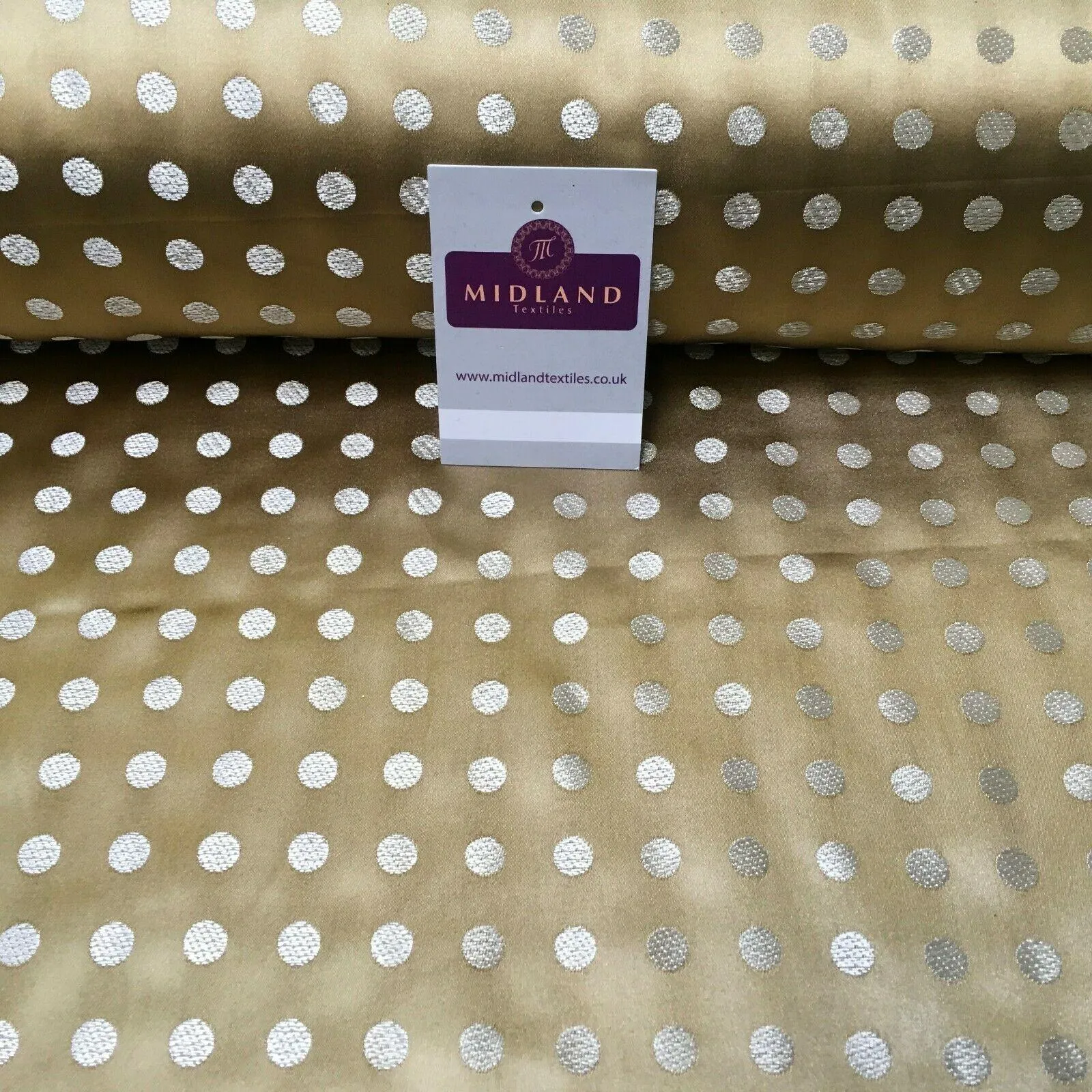 Old Gold Small Polka Dot Satin Brocade Dress Fabric 110cm Wide M395-30