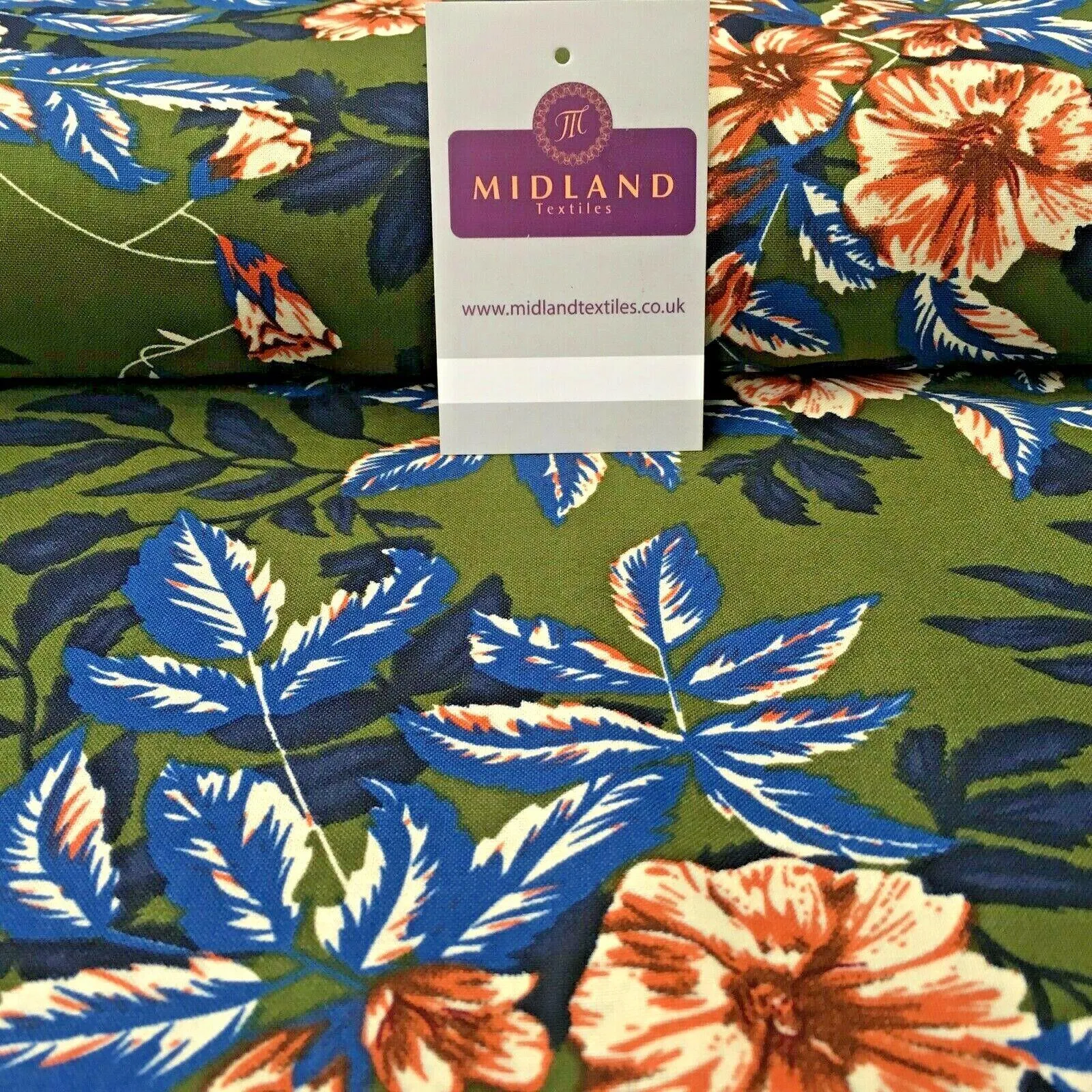 Olive Blue Floral Printed Cotton Linen Dress Fabric 150cm Wide MK1086-7