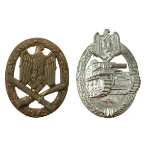 Original Set of Two German WWII Badges - (1) Panzer Assault Tank Badge & (1) General Assault Badge