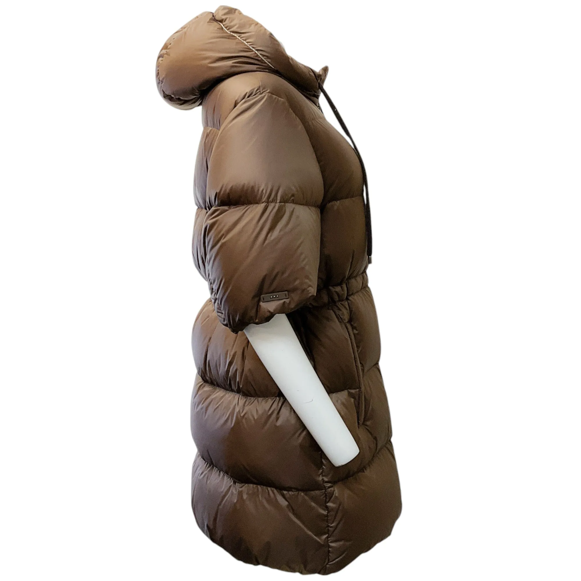 Peserico Mocha Puffer Coat with 3/4 Sleeves and Monili