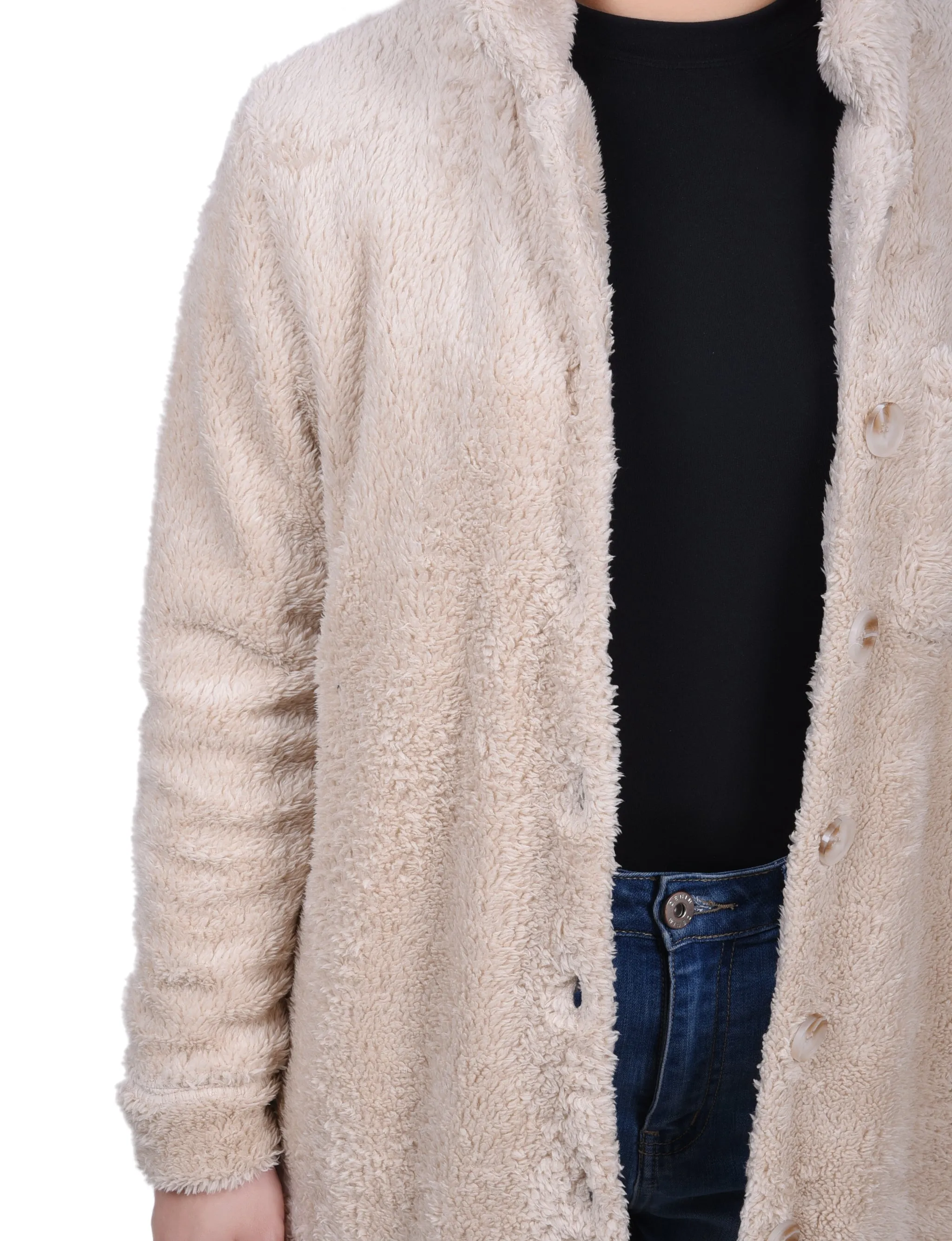 Petite Long Sleeve Button Front Sherpa Jacket