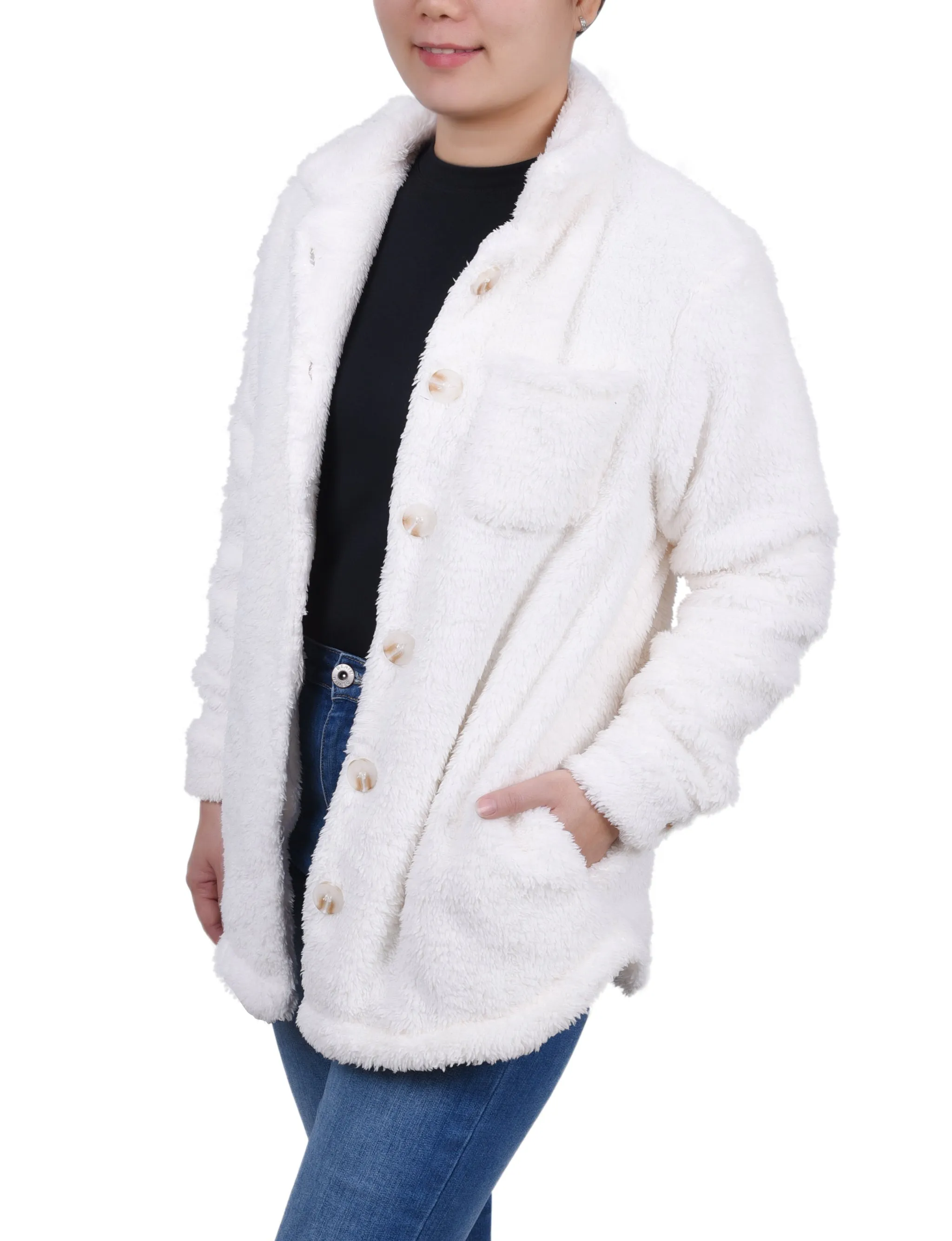 Petite Long Sleeve Button Front Sherpa Jacket