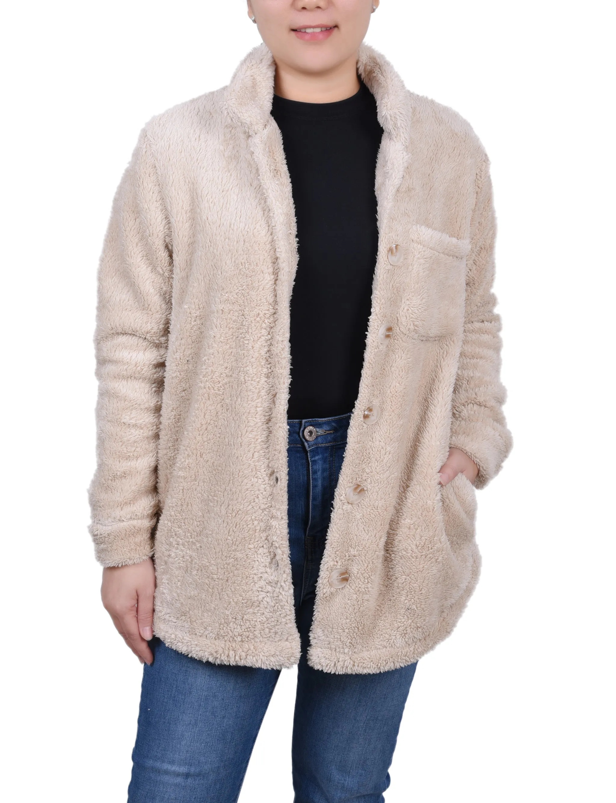 Petite Long Sleeve Button Front Sherpa Jacket