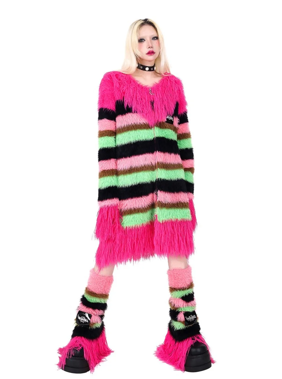 PINKSPINK Candy Stripe Fuzzy Leg Warmers - Pink/Green/Black