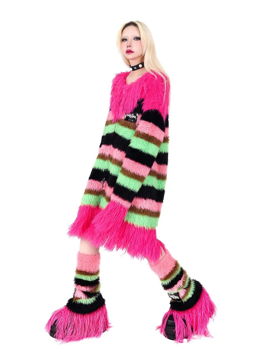 PINKSPINK Candy Stripe Fuzzy Leg Warmers - Pink/Green/Black