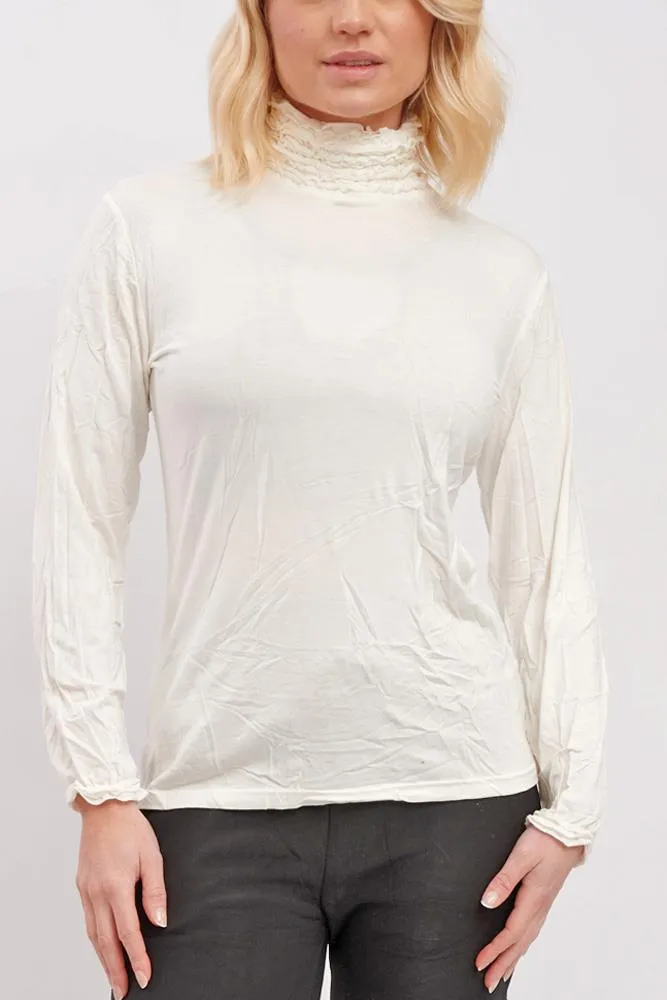 Plain Ruched Frill Roll Neck Tunic Viscose Top