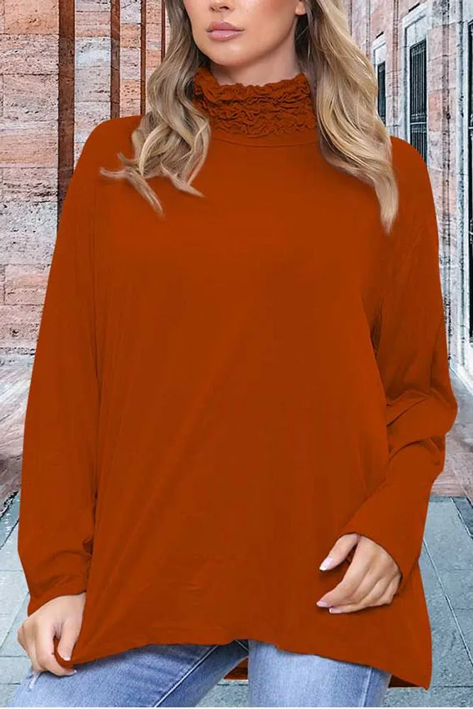 Plain Ruched Frill Roll Neck Tunic Viscose Top