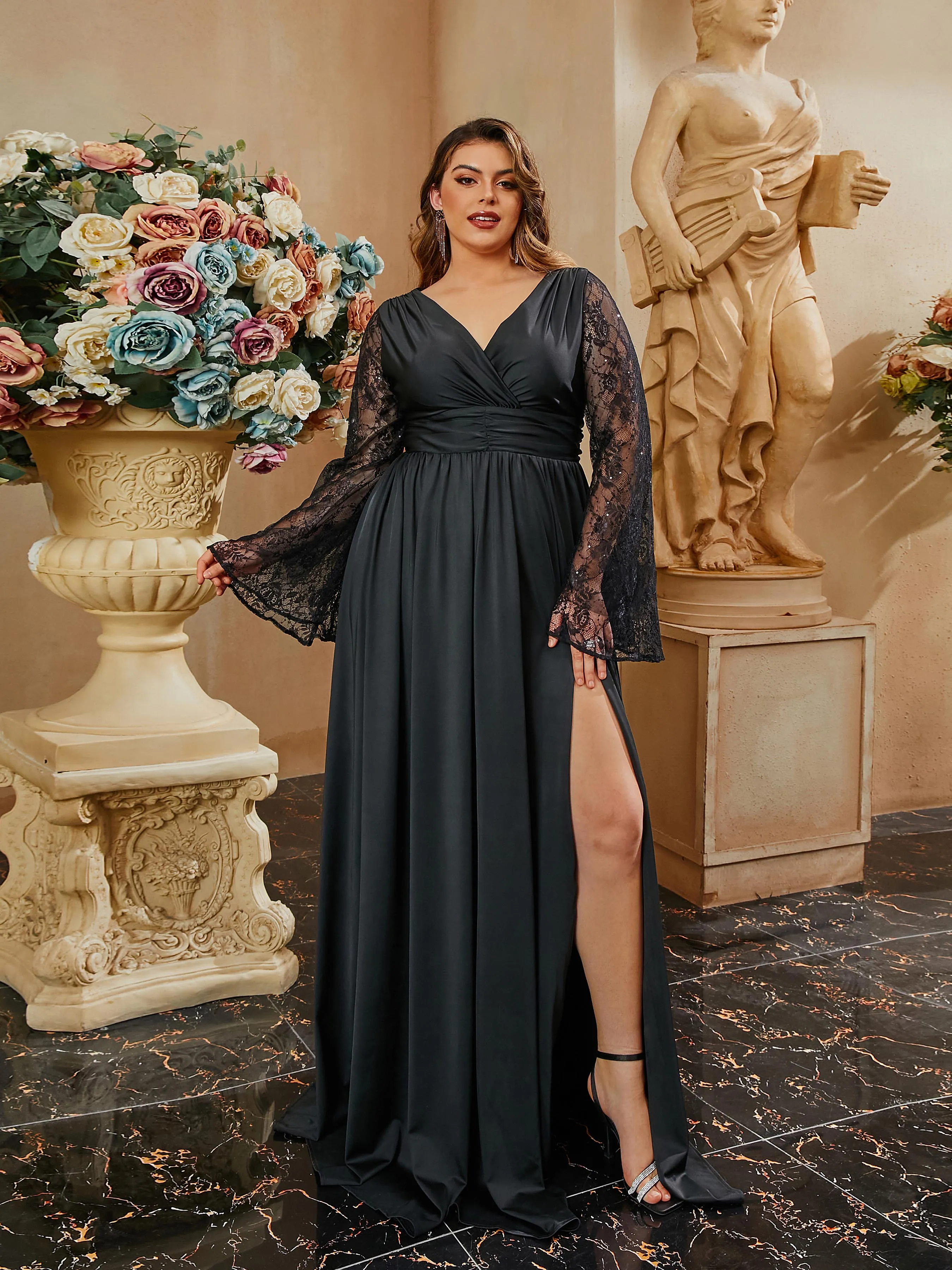 Plus Size Wrap Ruched Lace Sleeve Black Evening Dress PRA60096