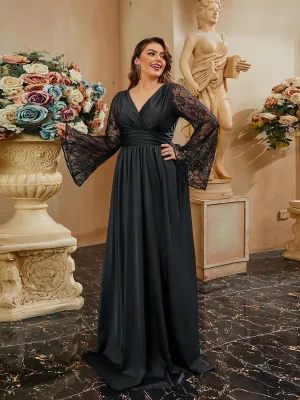 Plus Size Wrap Ruched Lace Sleeve Black Evening Dress PRA60096