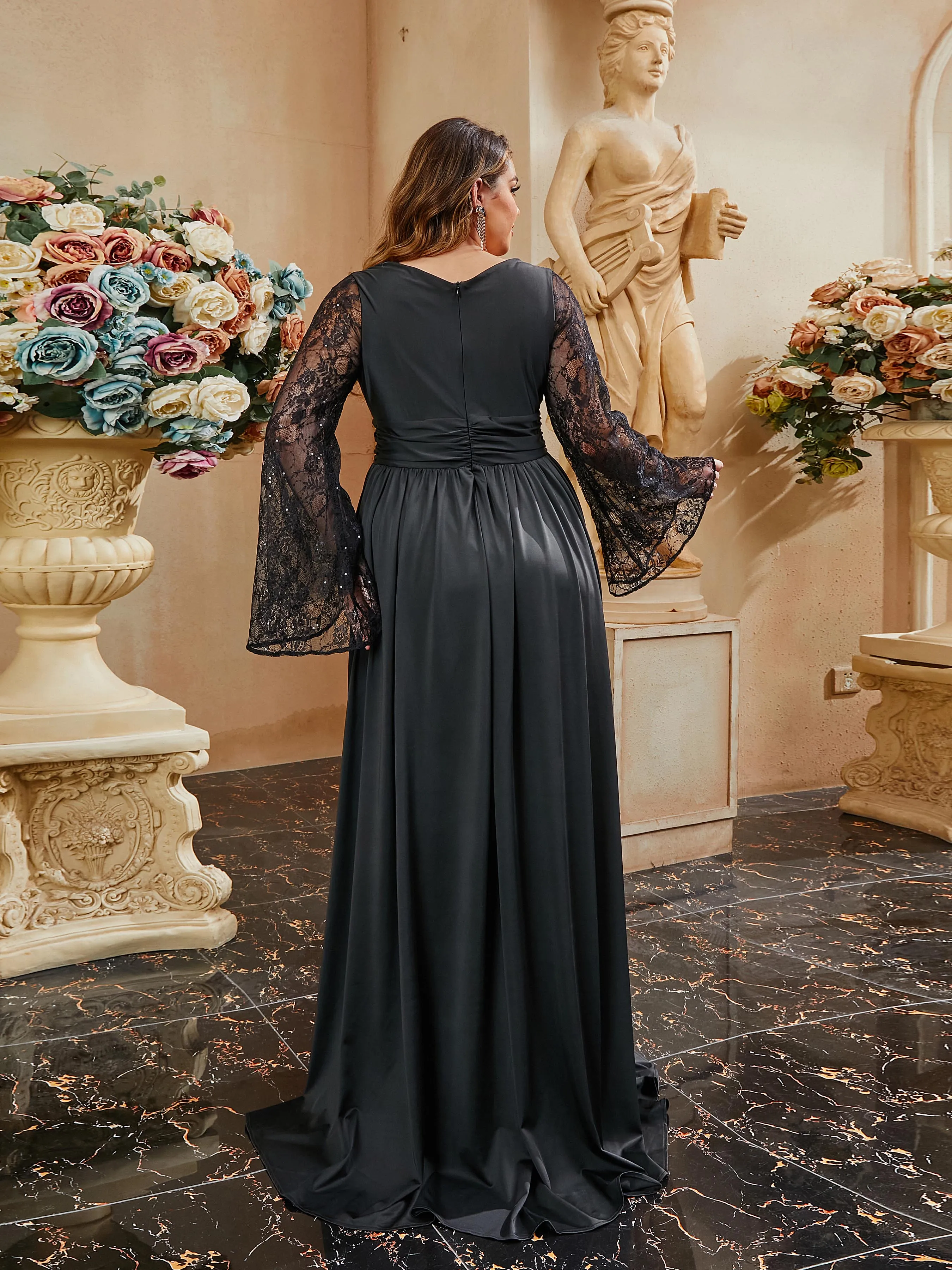 Plus Size Wrap Ruched Lace Sleeve Black Evening Dress PRA60096