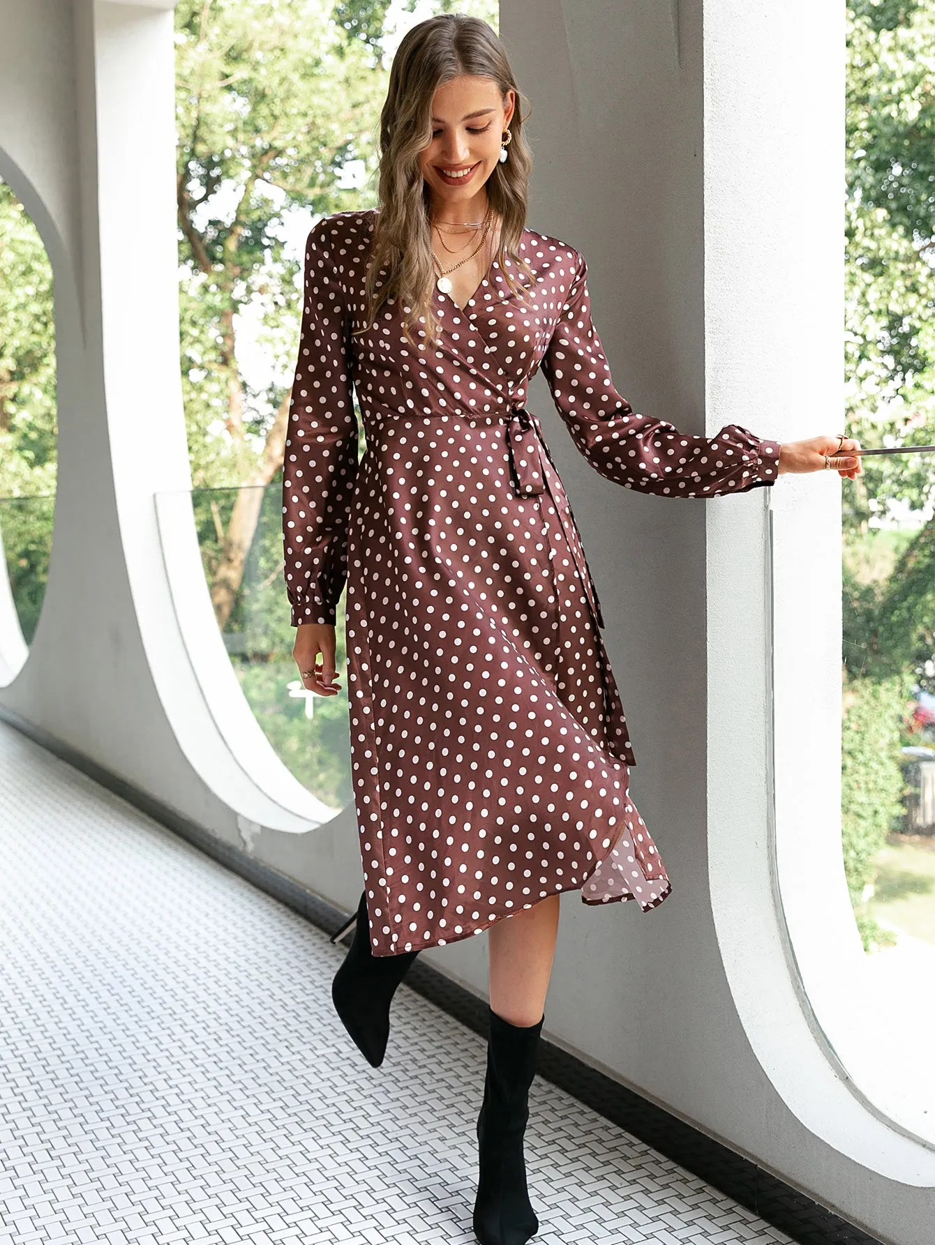 Polka Dot Tie-Waist Surplice Wrap Dress