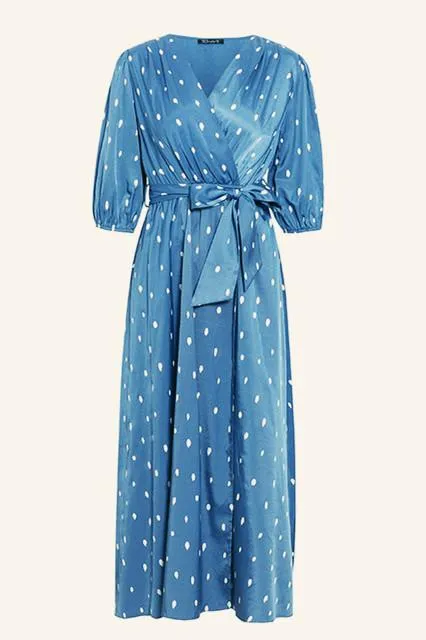 Polka Dot Wrap Puff sleeve Dress