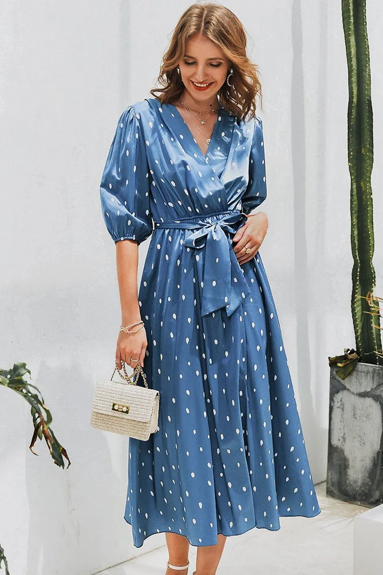 Polka Dot Wrap Puff sleeve Dress