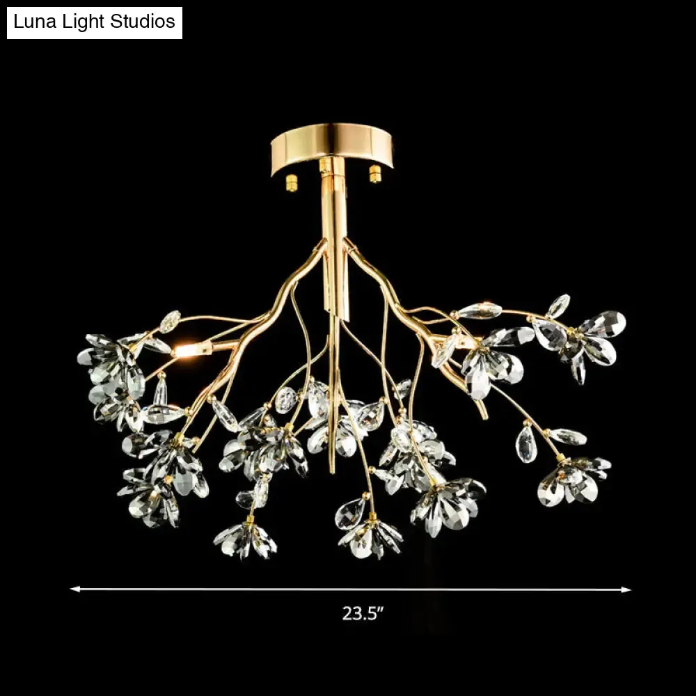 Postmodern Gold Leaf Crystal Semi Flush Mount Ceiling Lamp with 3 Branch-Style Heads