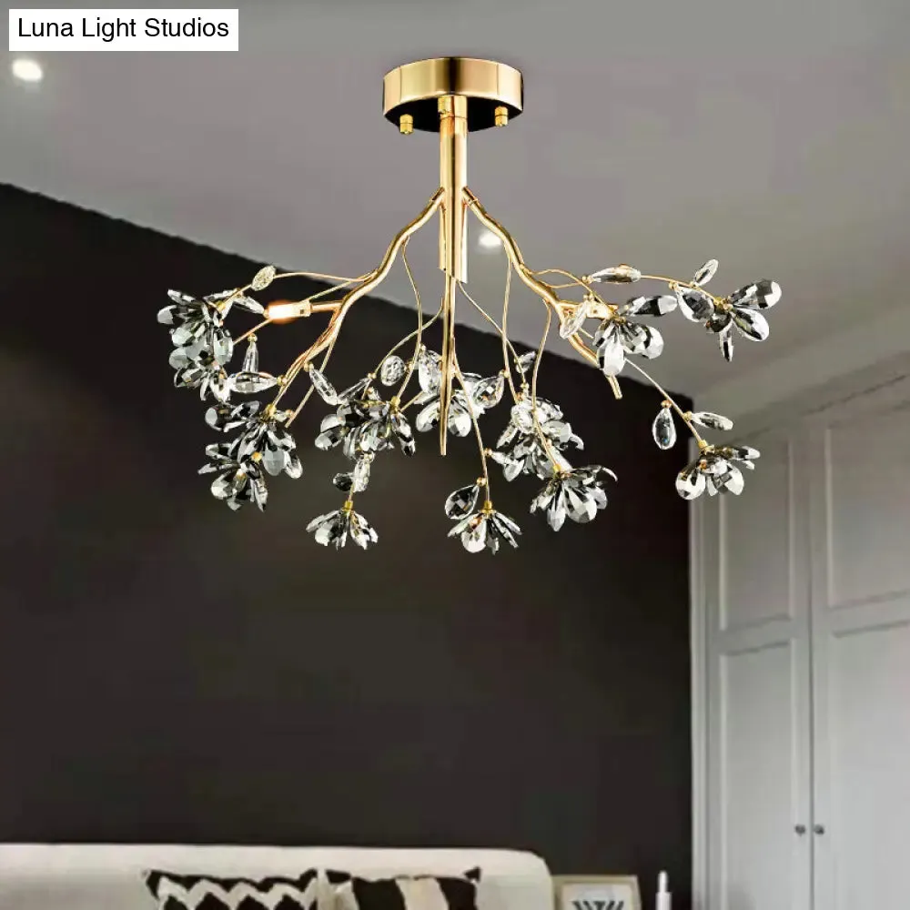 Postmodern Gold Leaf Crystal Semi Flush Mount Ceiling Lamp with 3 Branch-Style Heads