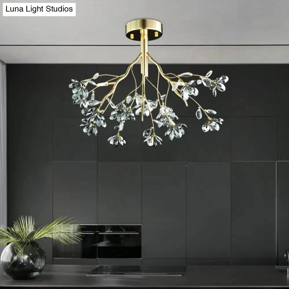 Postmodern Gold Leaf Crystal Semi Flush Mount Ceiling Lamp with 3 Branch-Style Heads