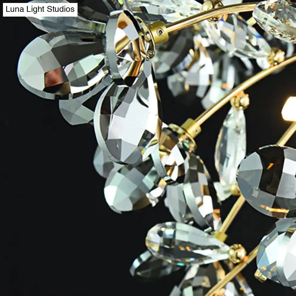 Postmodern Gold Leaf Crystal Semi Flush Mount Ceiling Lamp with 3 Branch-Style Heads