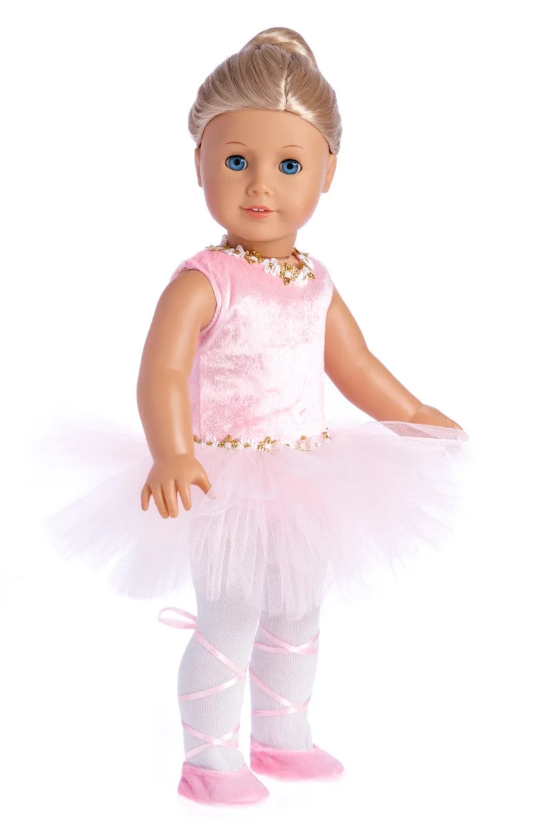 Prima Ballerina - Clothes for 18 inch Doll - 3 Piece Ballet Outfit - Pink Leotard with Tutu, White Tights and Slippers