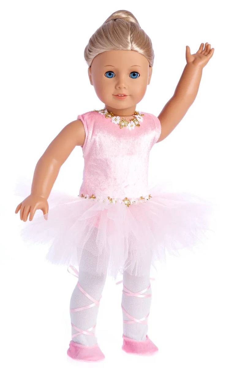 Prima Ballerina - Clothes for 18 inch Doll - 3 Piece Ballet Outfit - Pink Leotard with Tutu, White Tights and Slippers