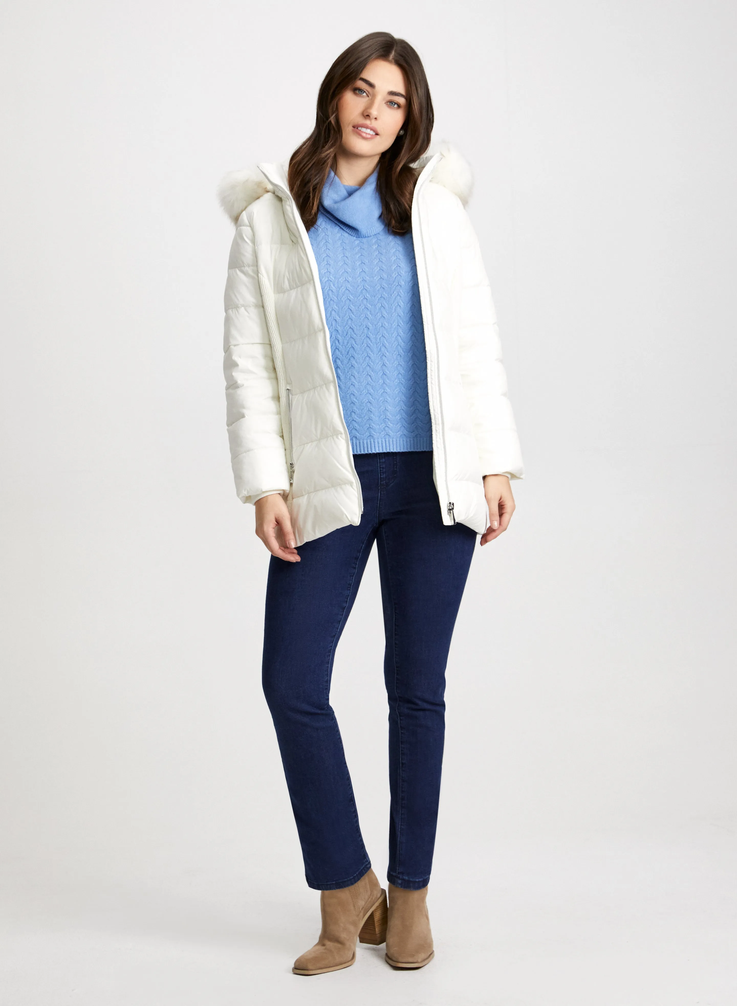 Quilted Coat, Cable Knit Sweater & Straight Leg Jeans