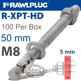 RAWLPLUG R-XPT HOT DIP GALVANIZED THROUGHBOLTS M8X50MM X100 PER BOX RAW R-XPT-HD-08050-5