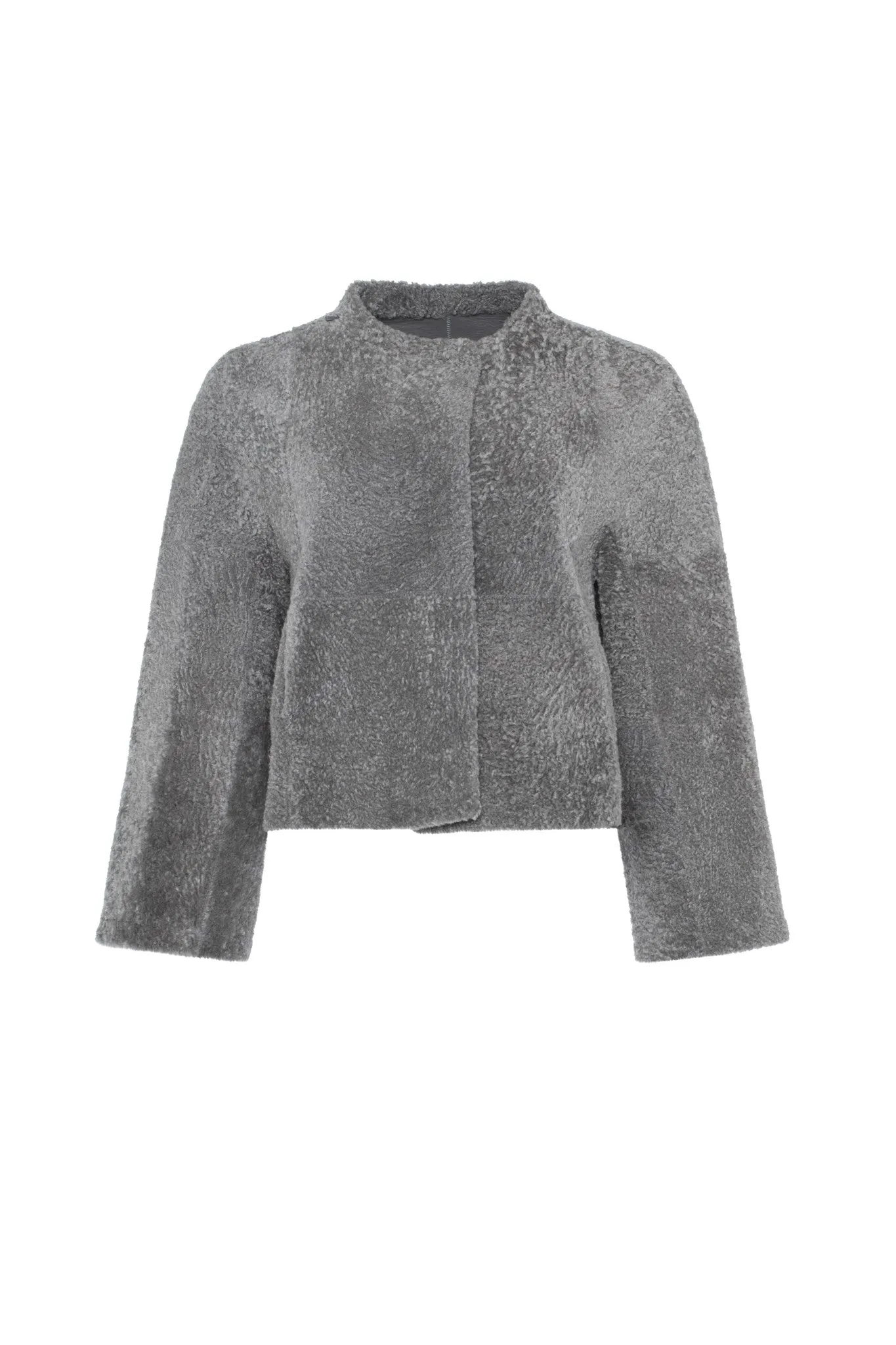 Reversible Collarless New Zealand Shearling Lamb Jacket with 3/4 Sleeves