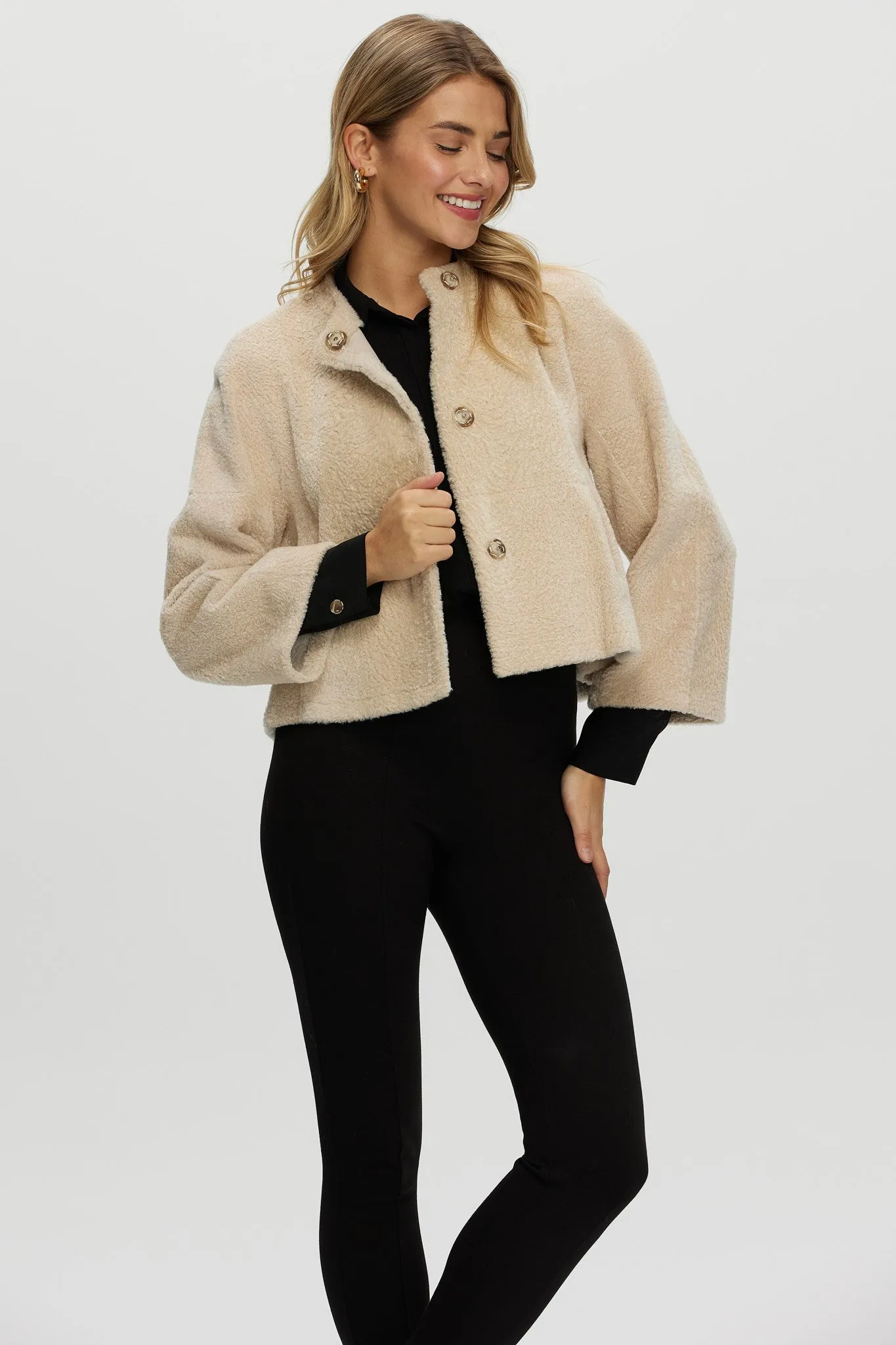 Reversible Collarless New Zealand Shearling Lamb Jacket with 3/4 Sleeves