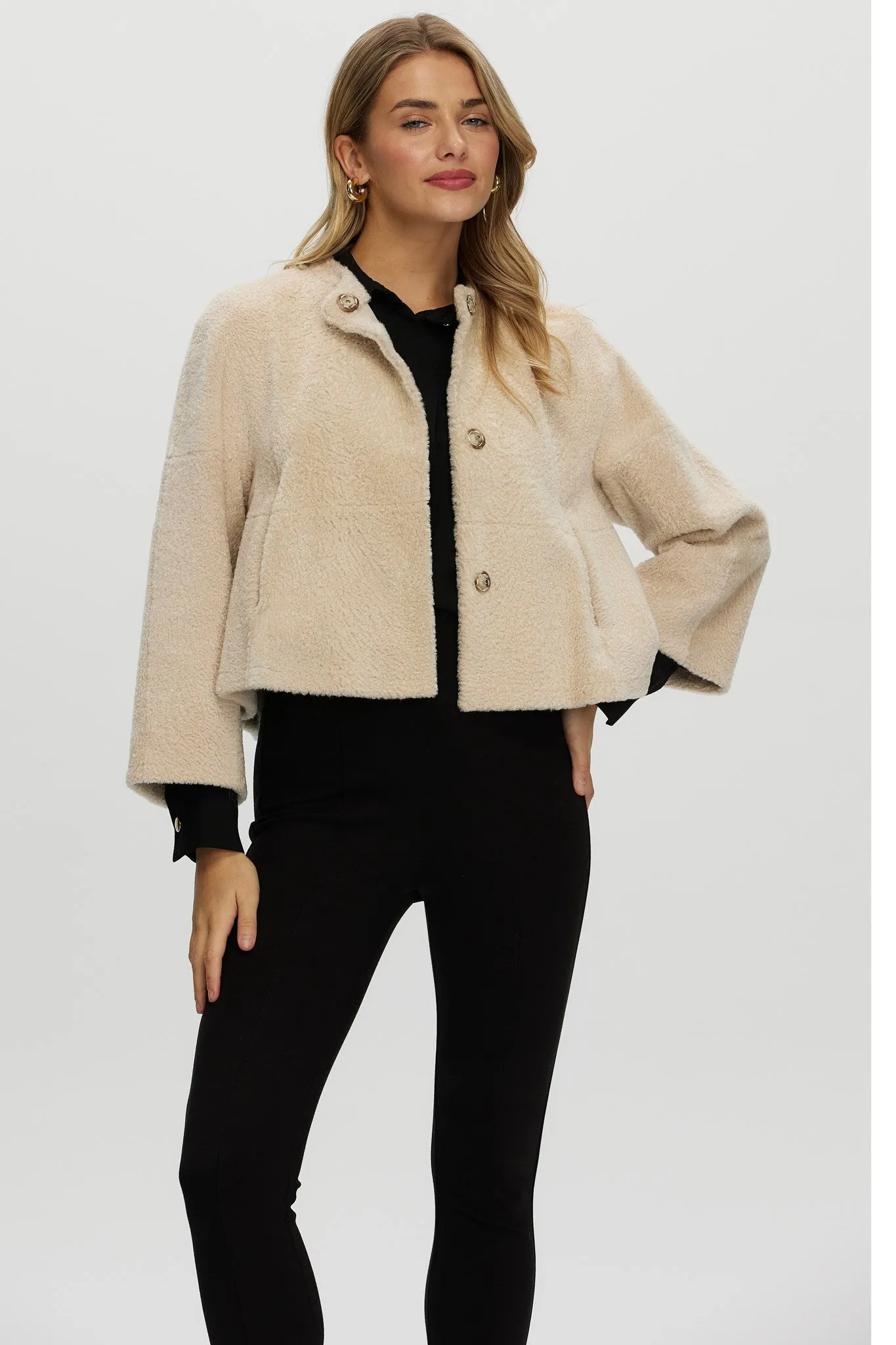 Reversible Collarless New Zealand Shearling Lamb Jacket with 3/4 Sleeves