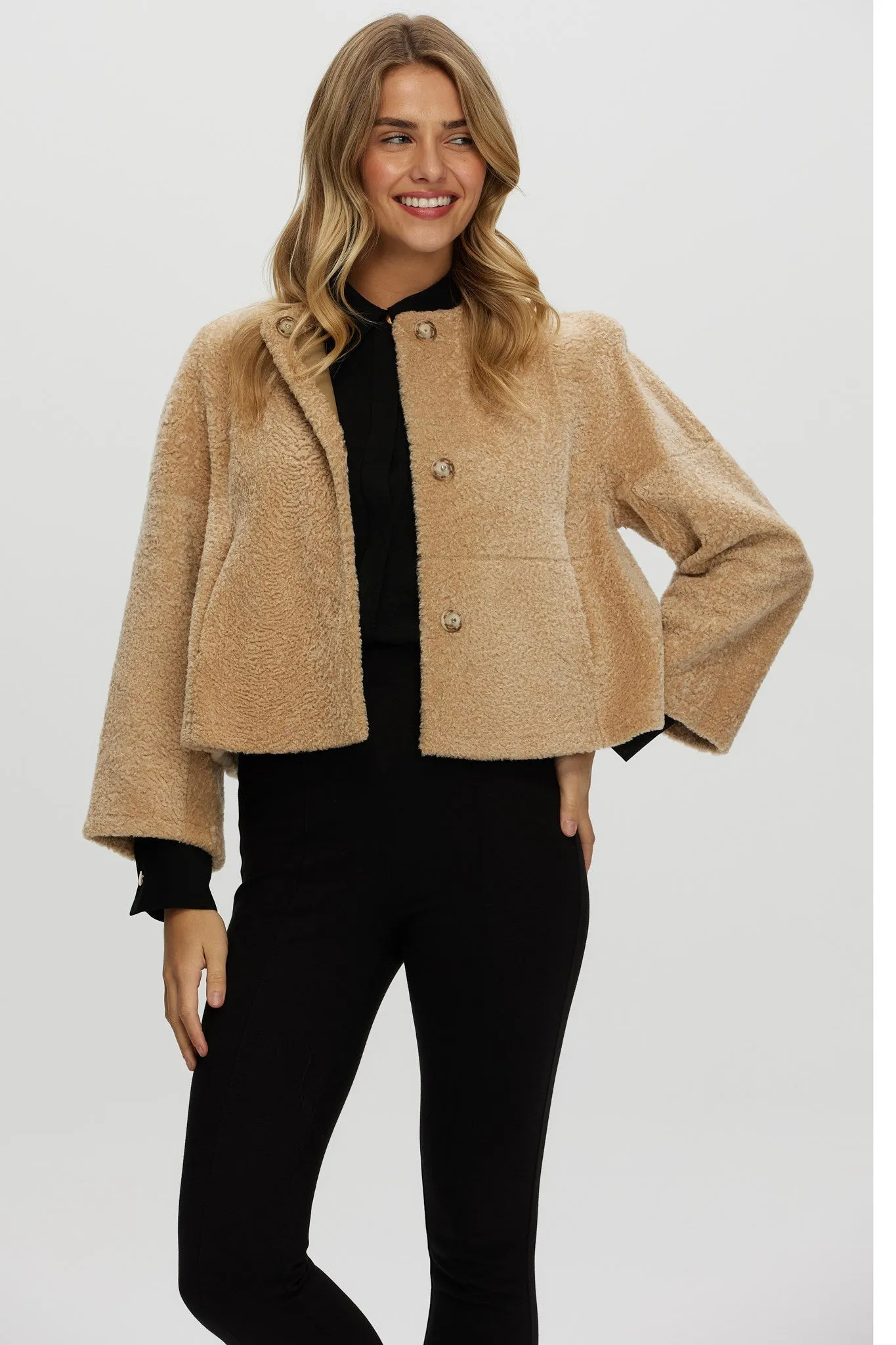 Reversible Collarless New Zealand Shearling Lamb Jacket with 3/4 Sleeves