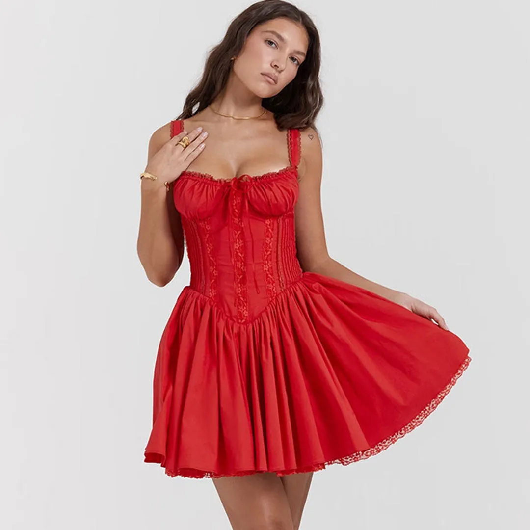 Romantic Sweetheart Bow Tie Drop Waist Lace Up Layered Mini Sundress