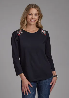 Roper Womens Angled Embroidered Black 100% Cotton L/S Tunic